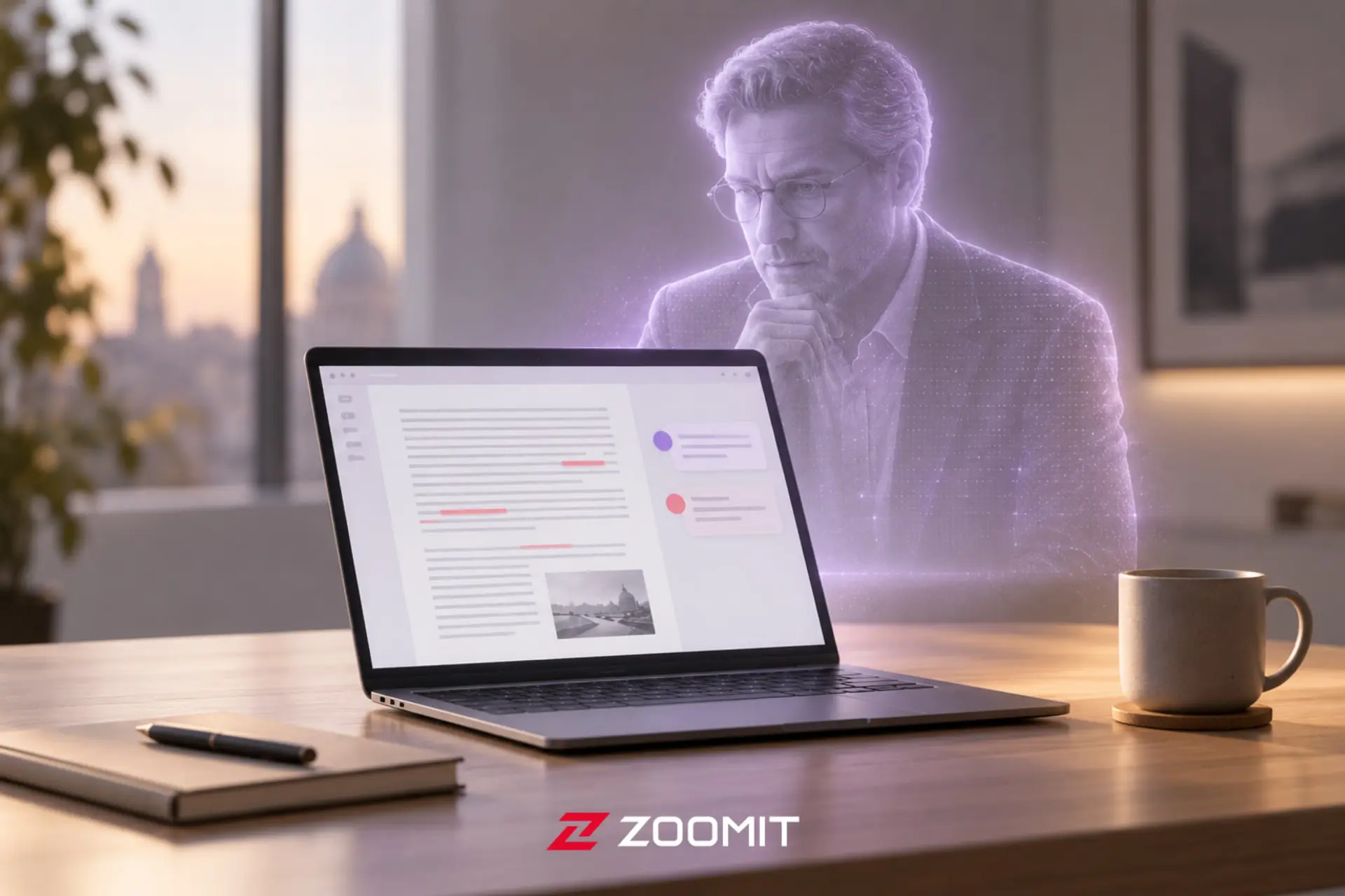 تصویر دیجیتالی یک مرد با هاله‌ای بنفش در کنار لپ‌تاپ