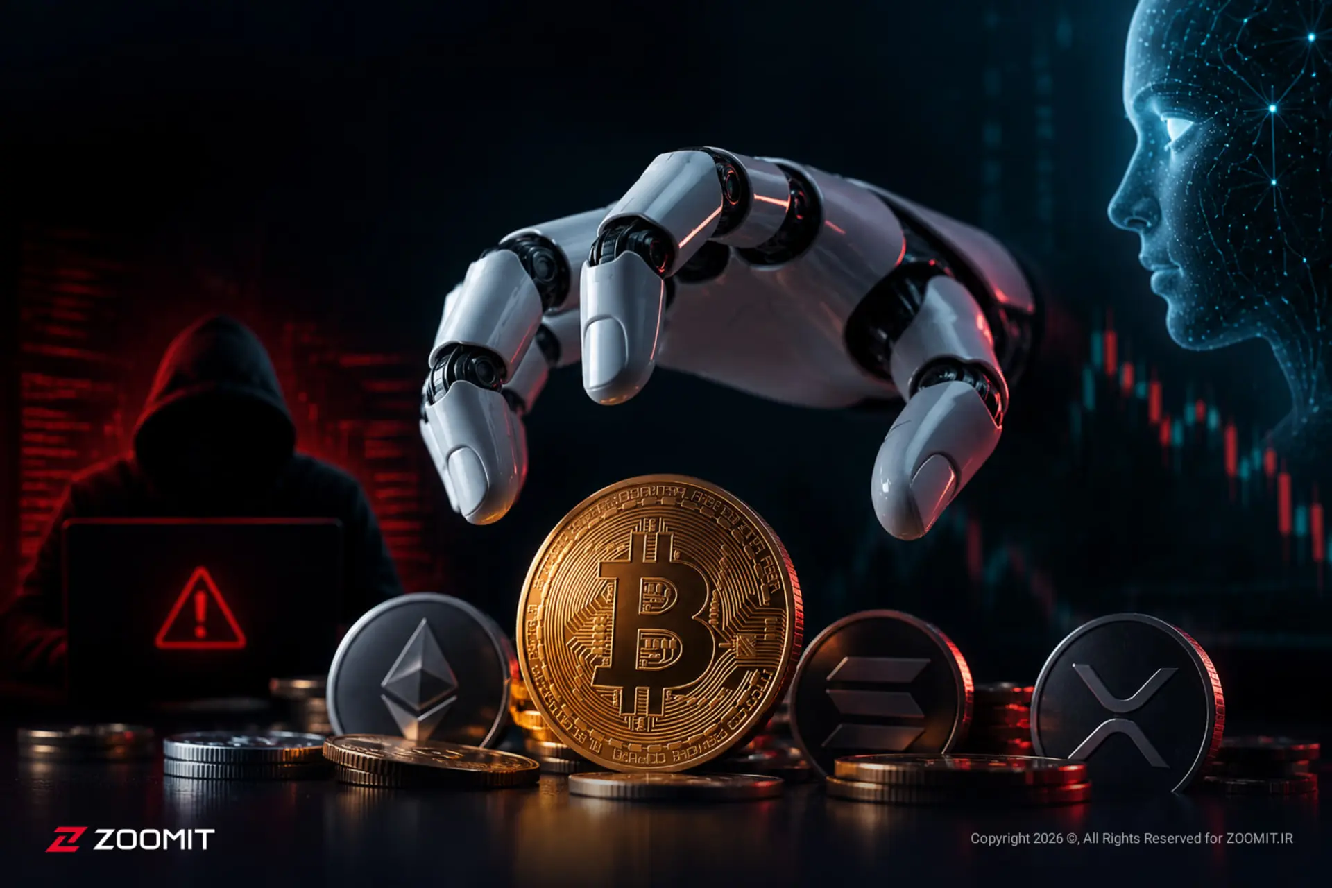 دست رباتیک در حال لمس سکه بیت‌کوین در میان سایر رمزارزها