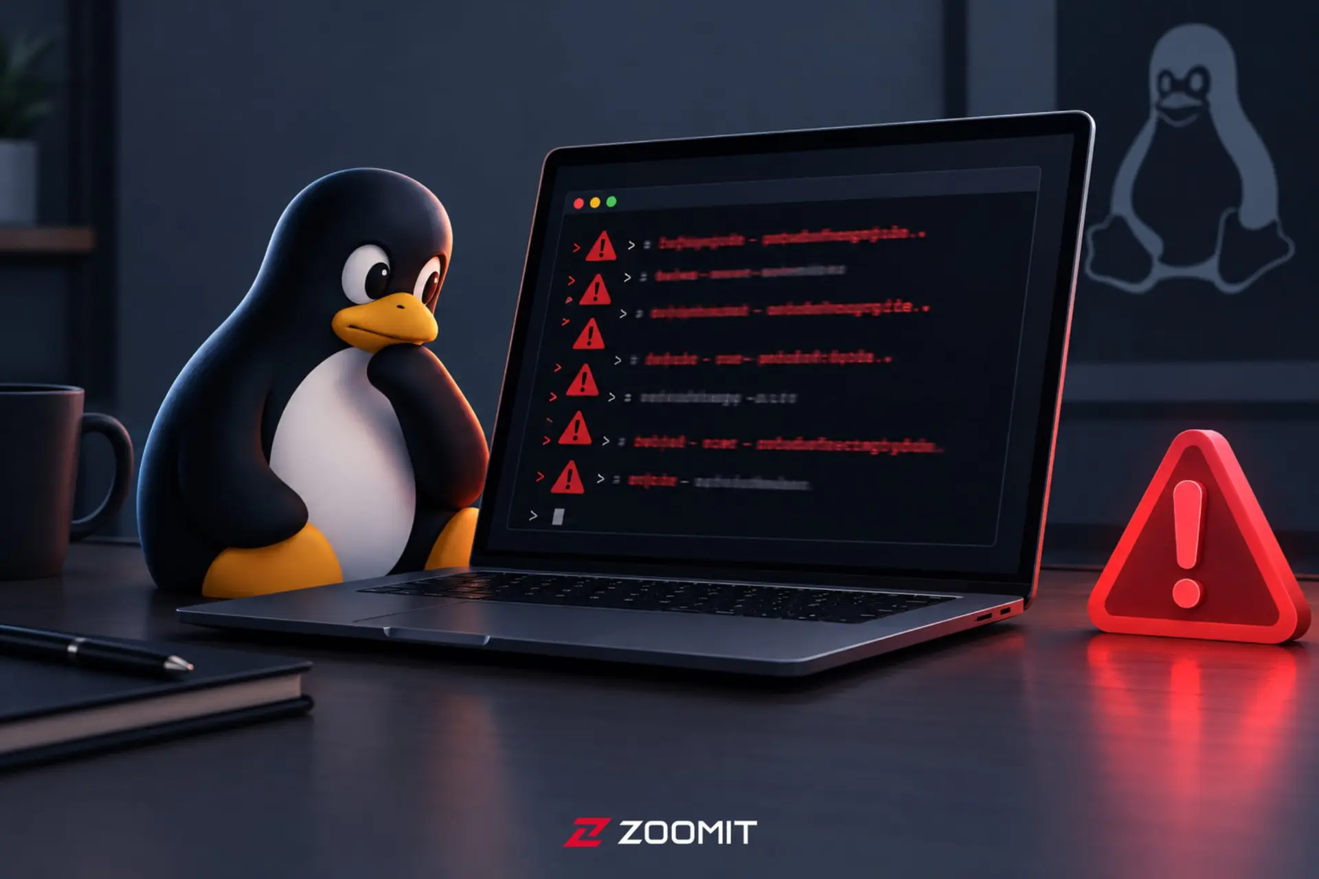 پنگوئن لینوکس (Linux) در حال بررسی خطاهای قرمز رنگ در ترمینال لپ‌تاپ