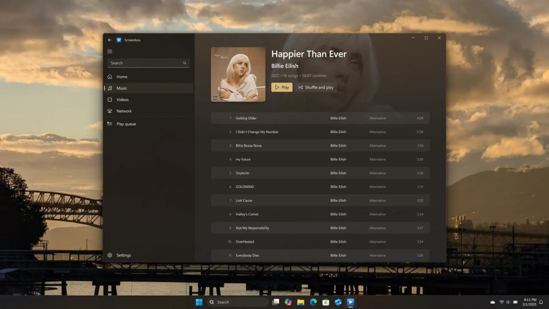 رابط کاربری نرم‌افزار پخش موسیقی با آلبوم Happier Than Ever از Billie Eilish (بیلی ایلیش)