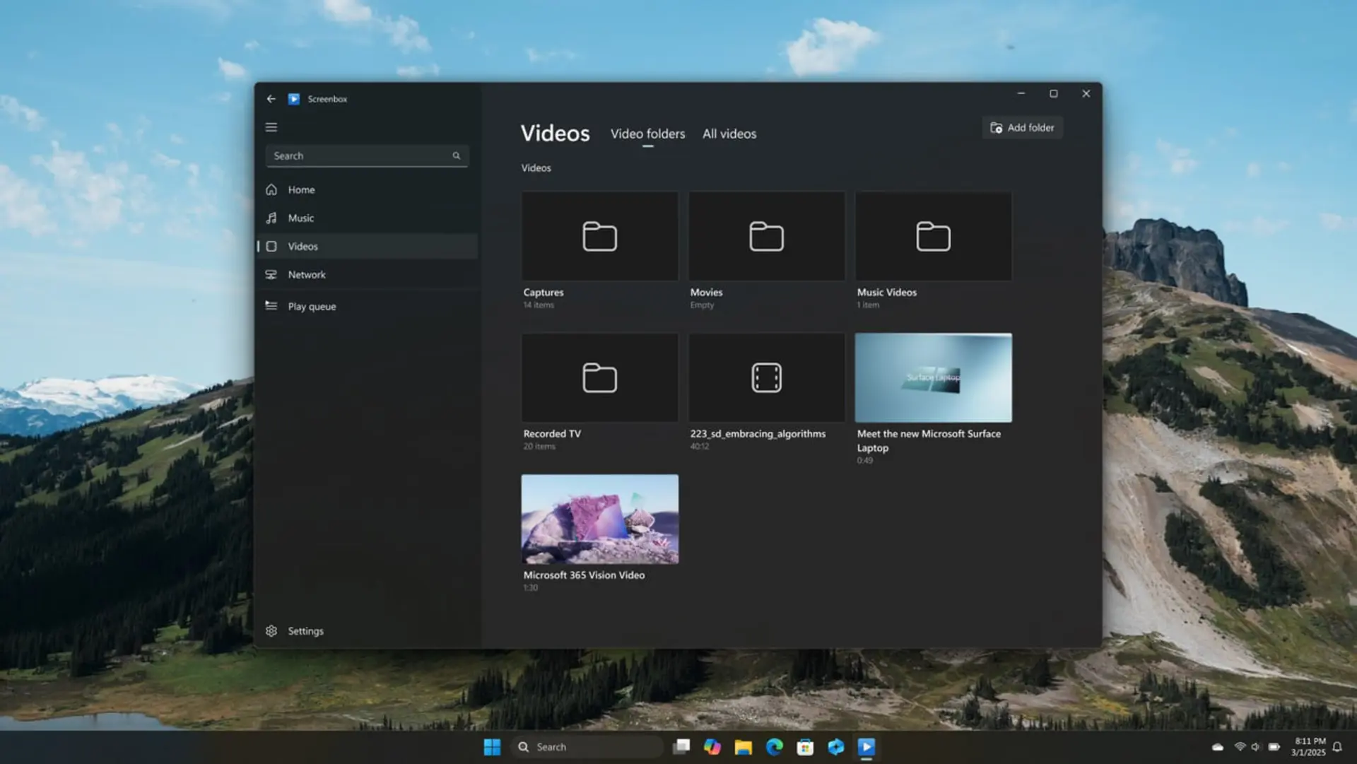 رابط کاربری نرم‌افزار Screenbox برای مدیریت و پخش ویدیوها در ویندوز
