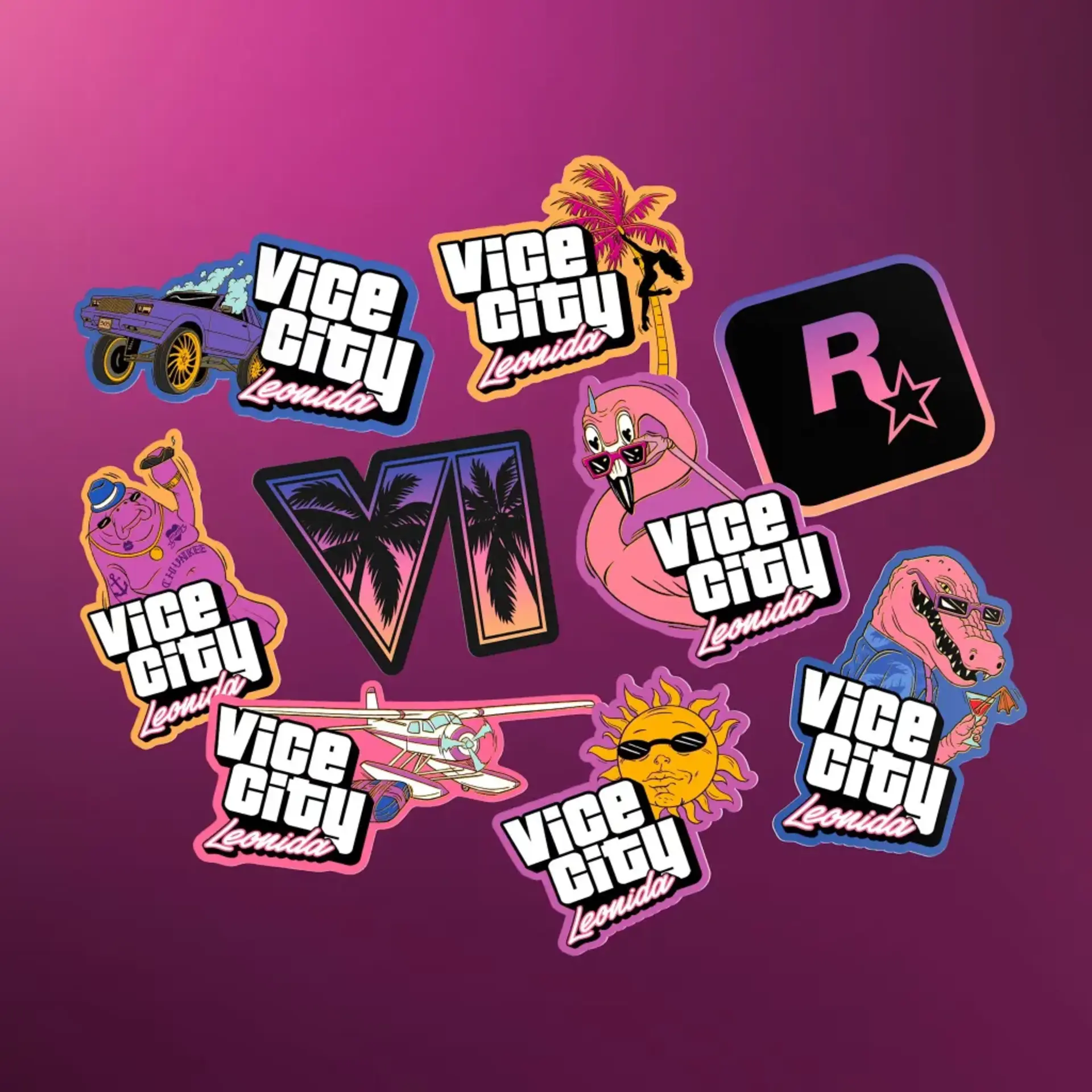 برچسب‌های گرافیکی با لوگوی Vice City Leonida و نمادهای بازی GTA VI