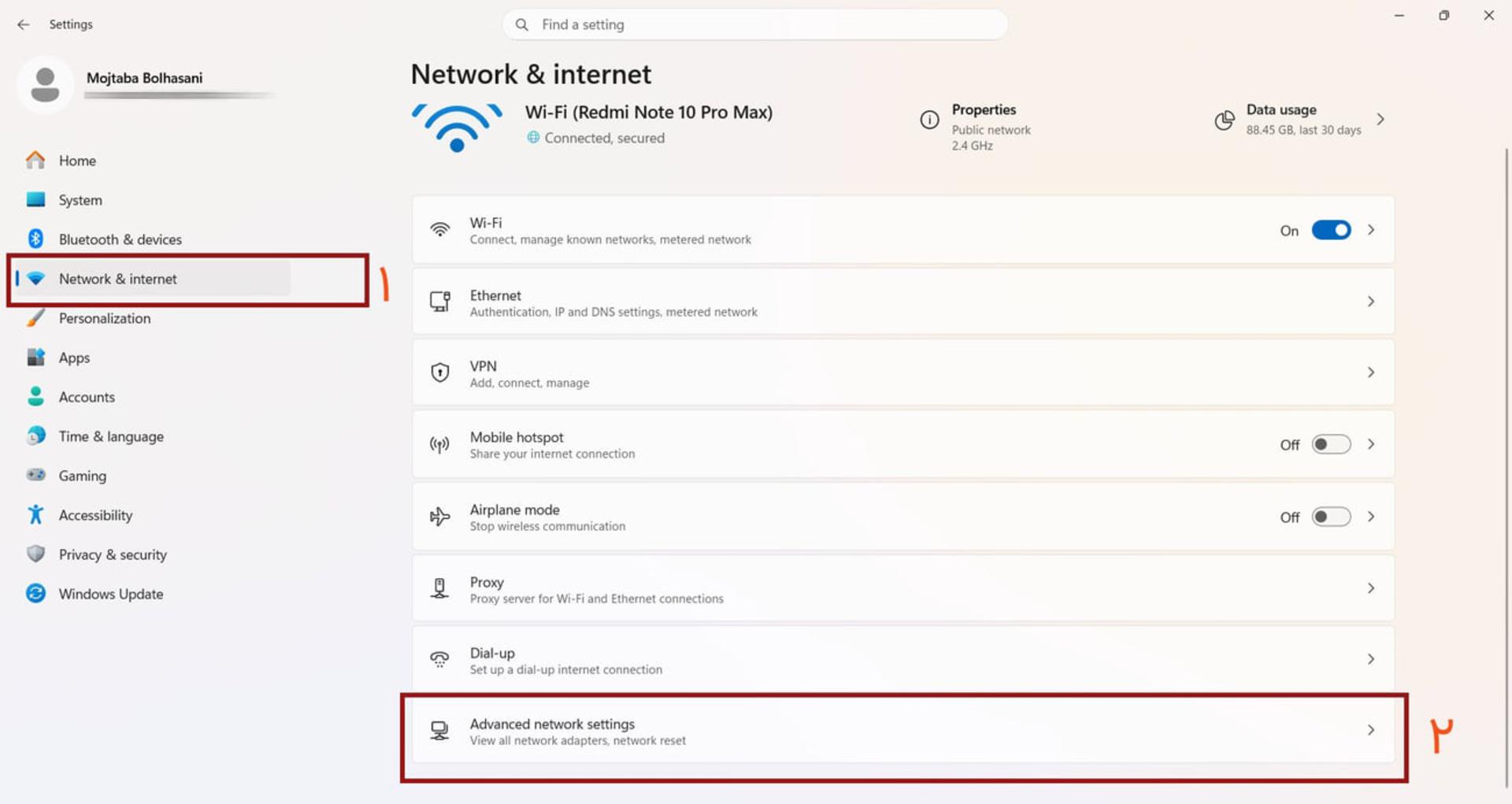 منوی تنظیمات Network & internet در سیستم‌عامل ویندوز ۱۰