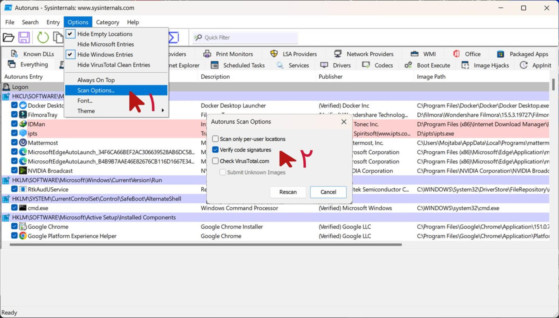 پنجره تنظیمات اسکن (Scan Options) در نرم‌افزار Autoruns برای مدیریت برنامه‌های استارتاپ