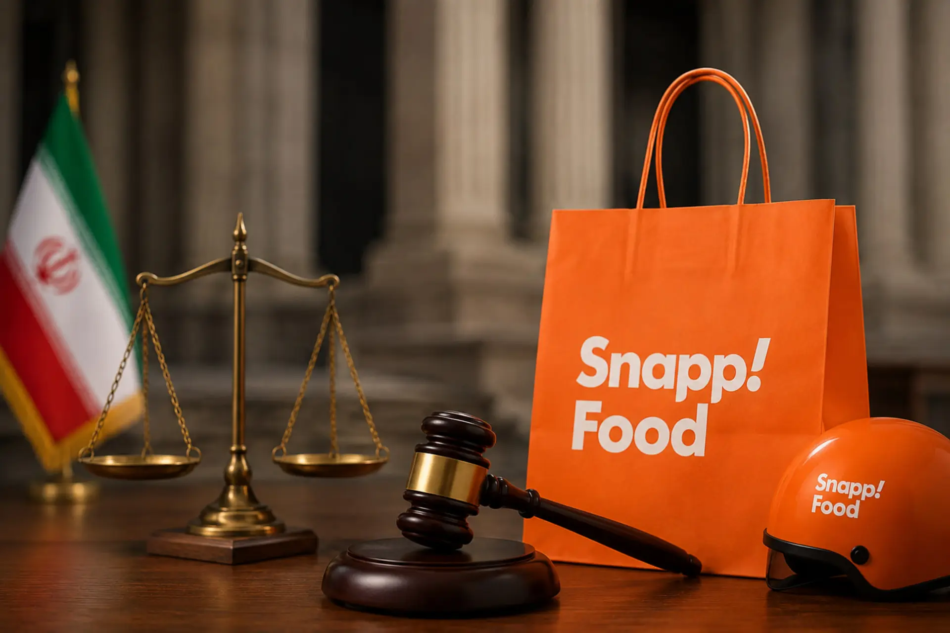 ترازو عدالت و چکش دادگاه در کنار کیسه نارنجی اسنپ‌فود (Snapp! Food)