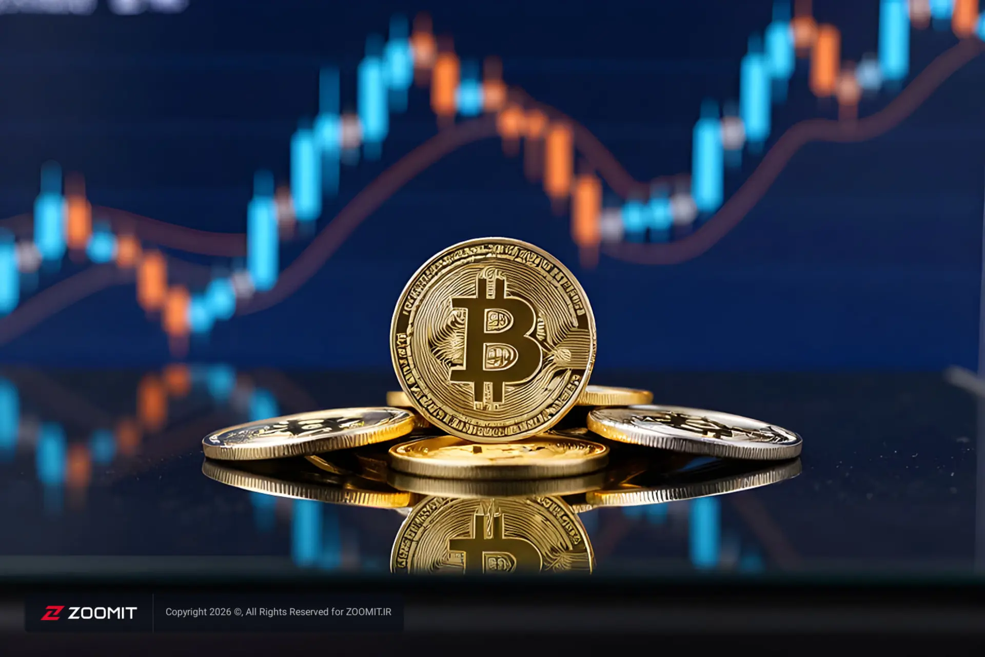 سکه طلایی بیت‌کوین (Bitcoin) روی سطحی بازتابنده در مقابل نمودار قیمت