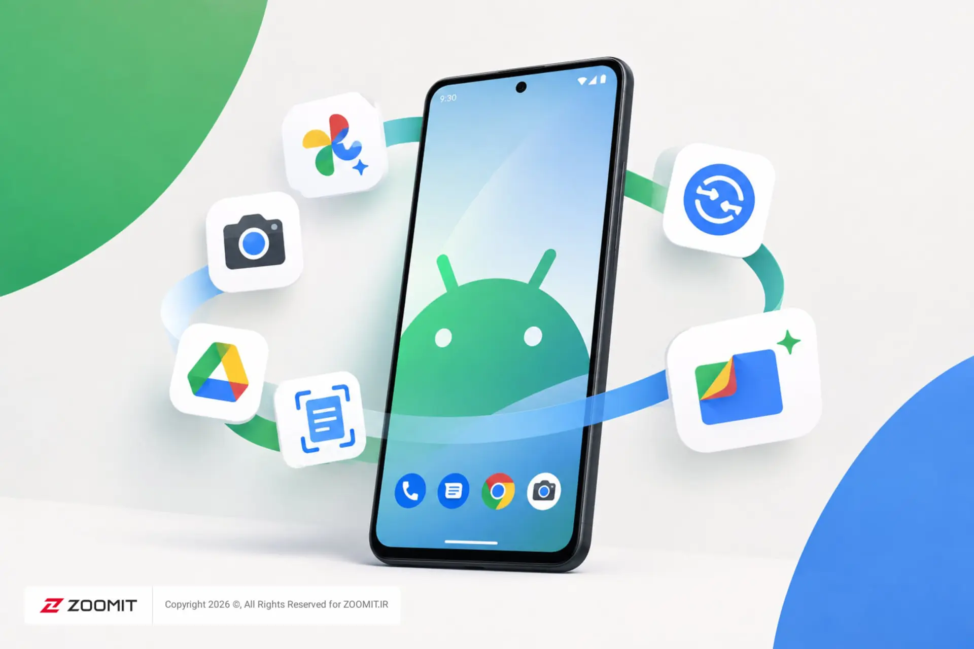 نمای گرافیکی گوشی هوشمند اندروید (Android) در میان آیکون‌های اپلیکیشن‌های گوگل