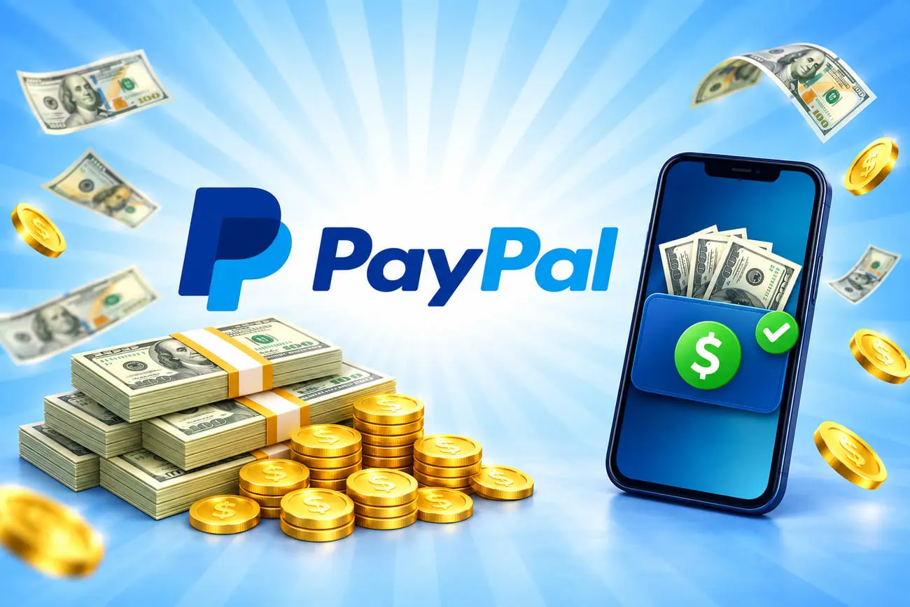 لوگوی PayPal (PayPal) در کنار دسته‌های اسکناس دلار و سکه‌های طلا