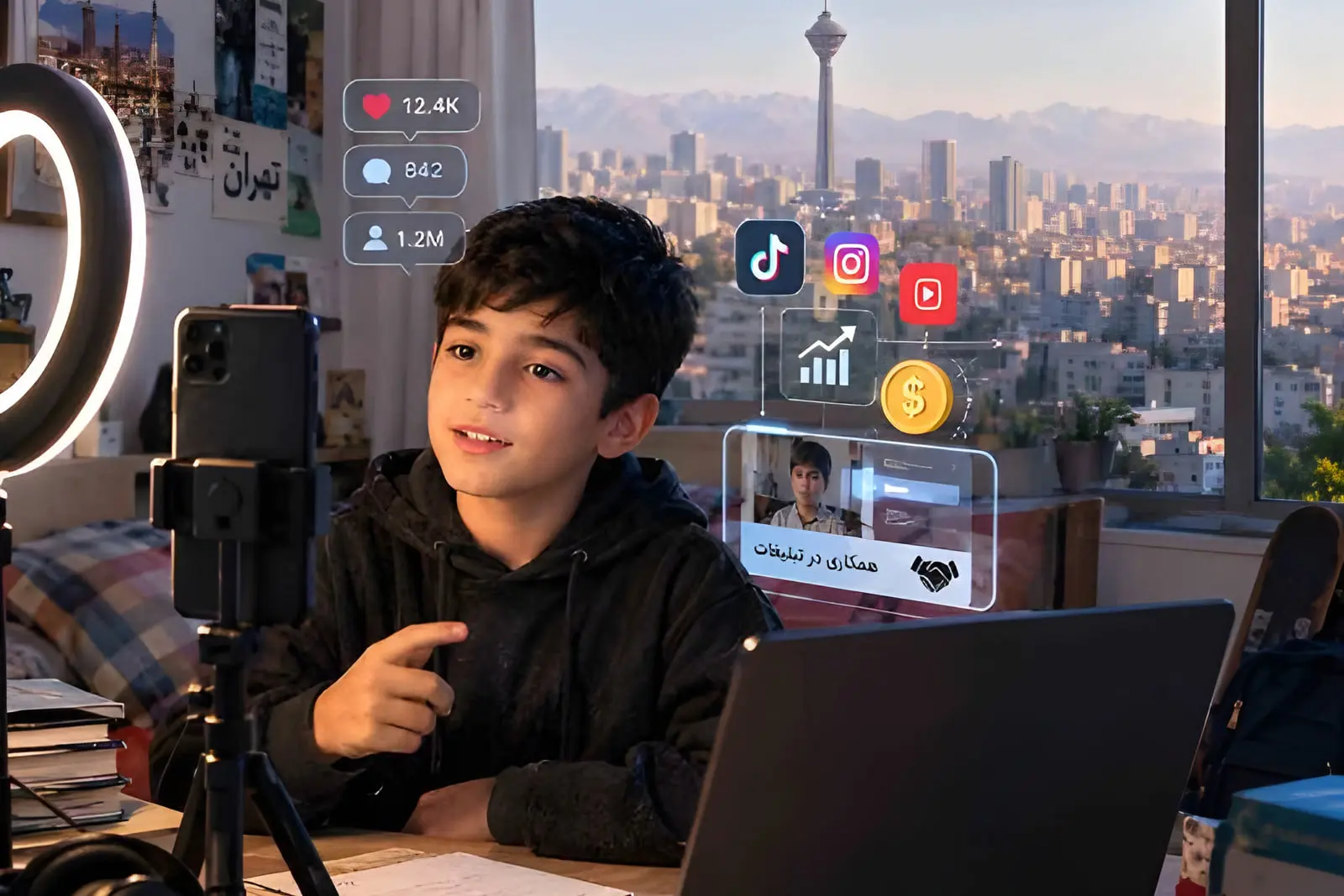 کودک کار دیجیتال در حال تولید محتوا با تجهیزات نورپردازی و لپ‌تاپ