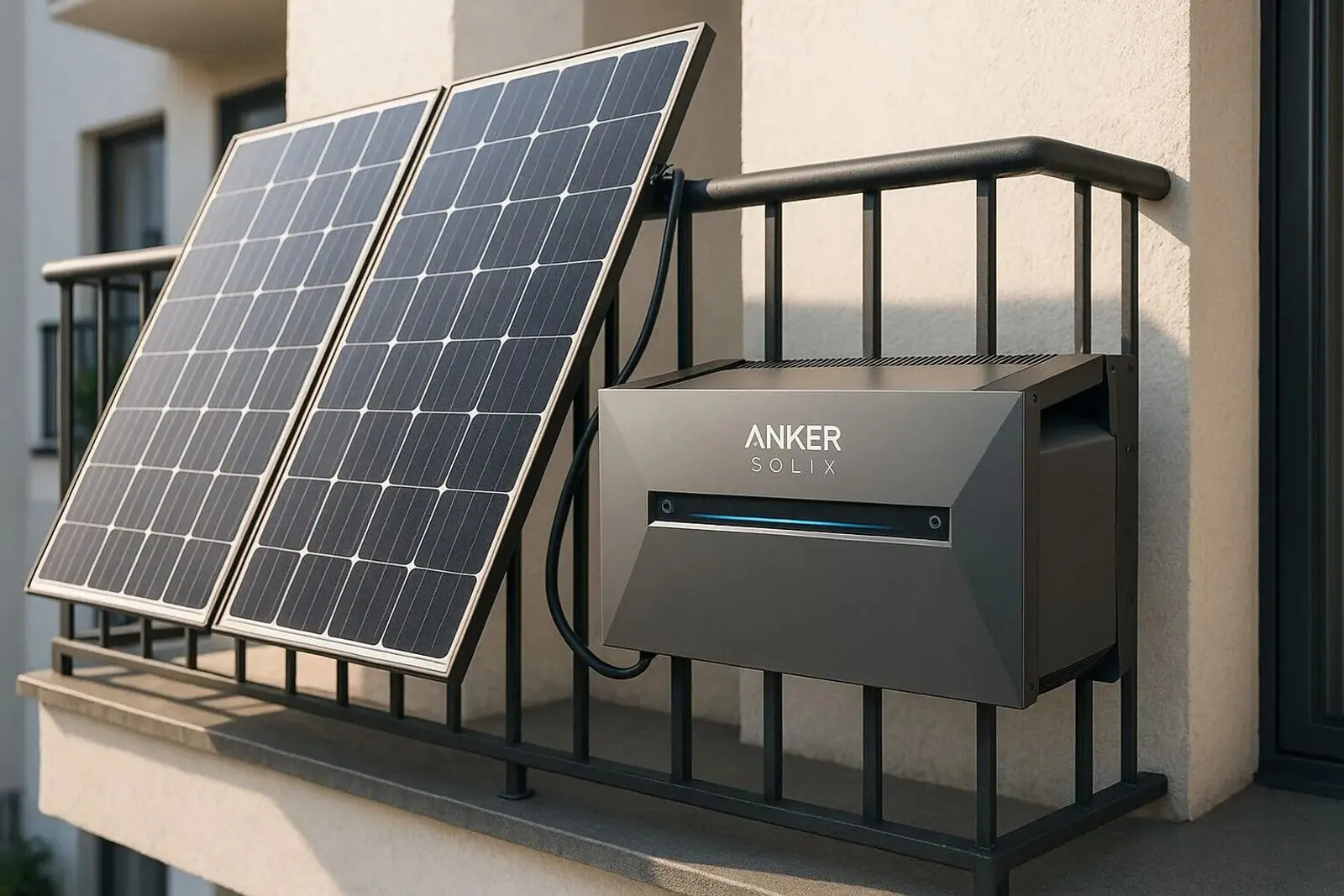 پنل‌های خورشیدی و دستگاه ذخیره‌ساز انرژی انکر (Anker Solix) روی نرده بالکن