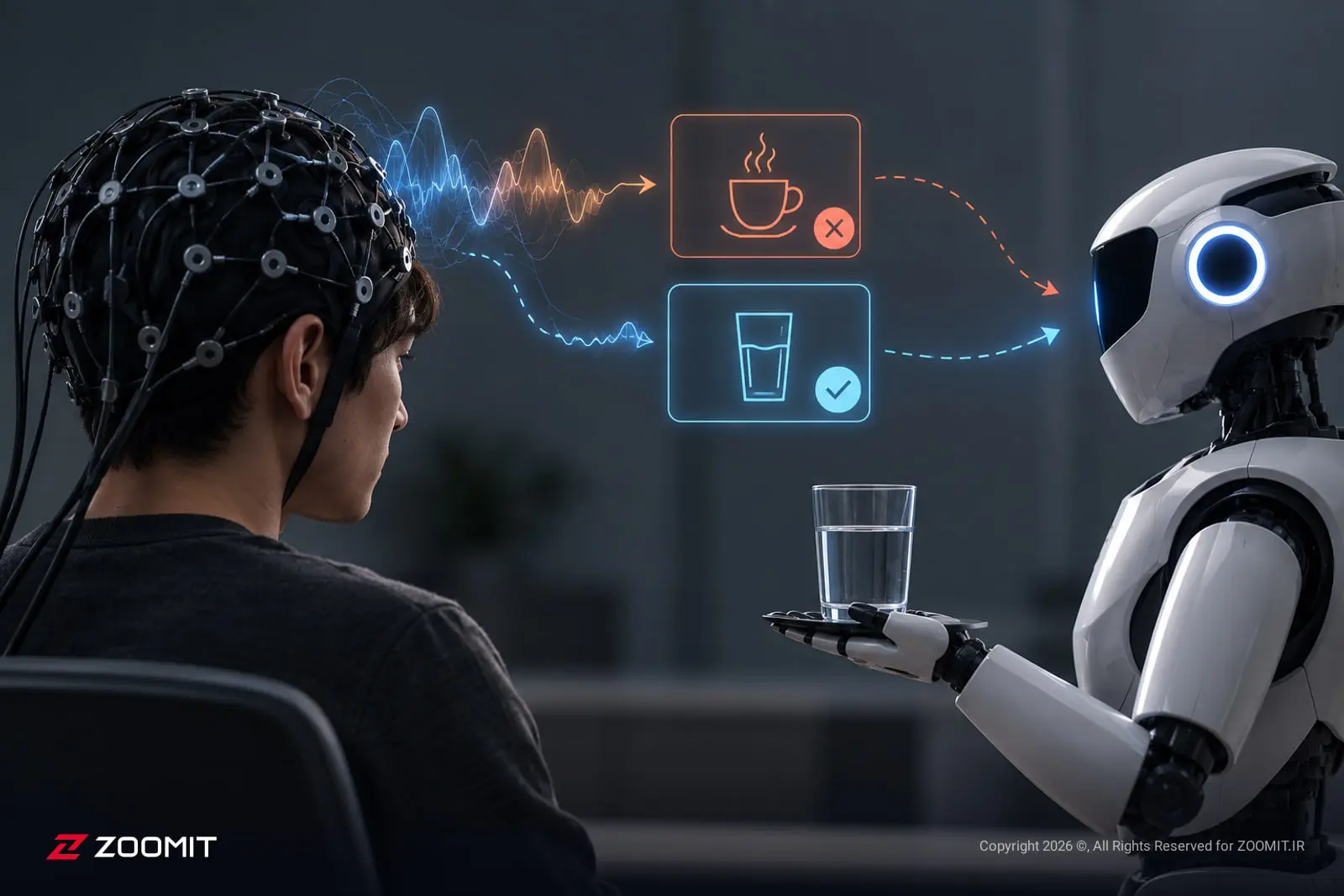 مغز انسان با کلاه EEG در حال انتقال سیگنال به ربات هوشمند