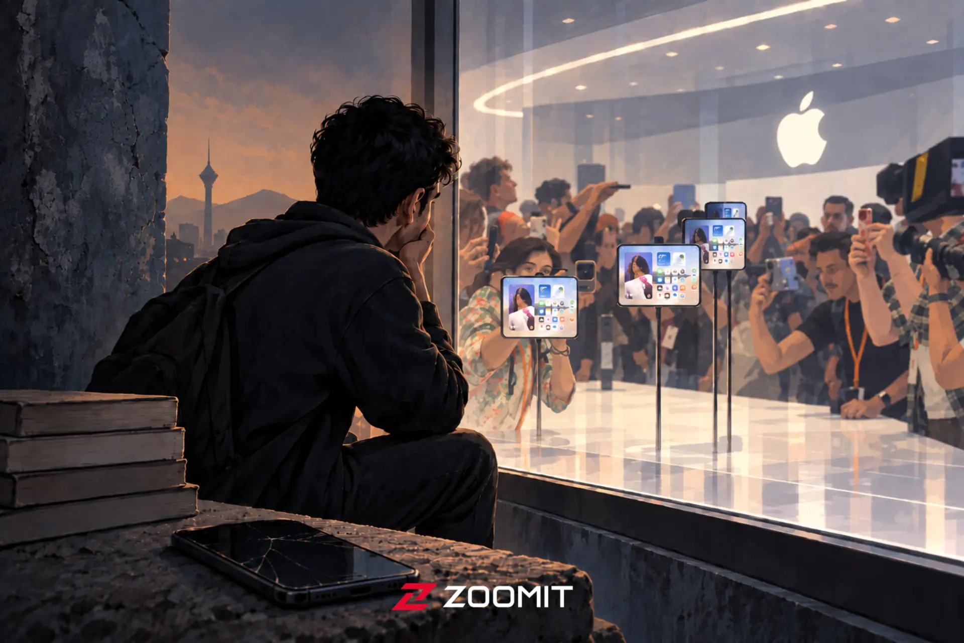 جوان ایرانی در مقابل ویترین اپل (Apple) و نمایش تصاویر دیجیتال