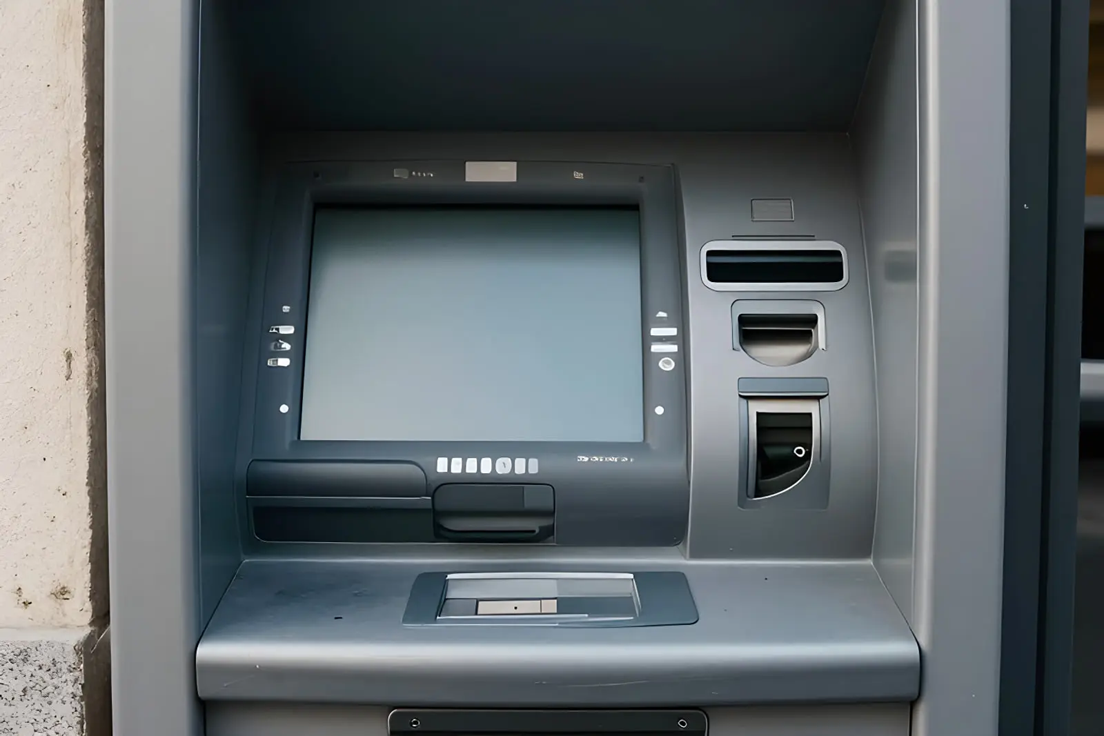 دستگاه خودپرداز (ATM) با صفحه نمایش خاموش و درگاه‌های بانکی