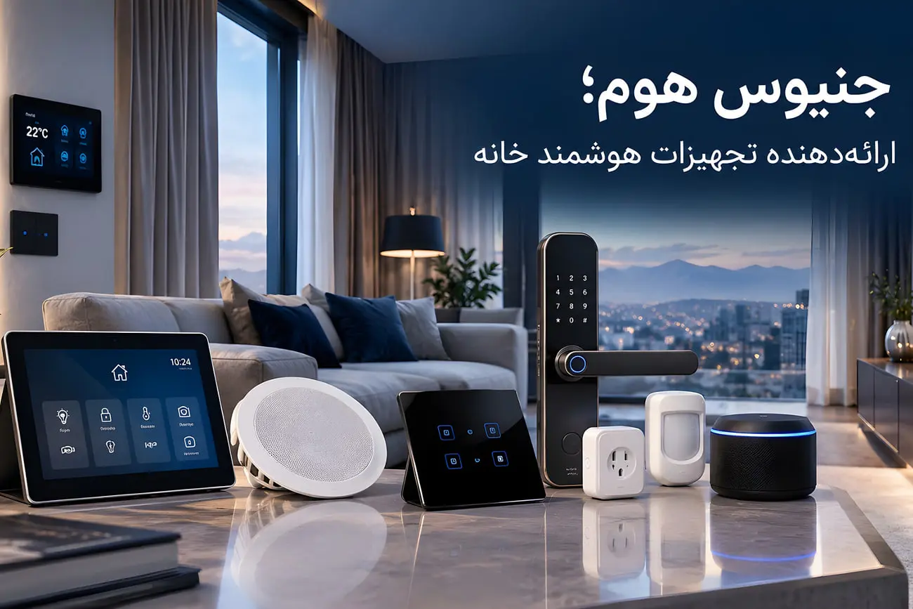 دستگاه‌های هوشمند خانه از برند جنیوس هوم (Genius Home) روی میز قرار دارند