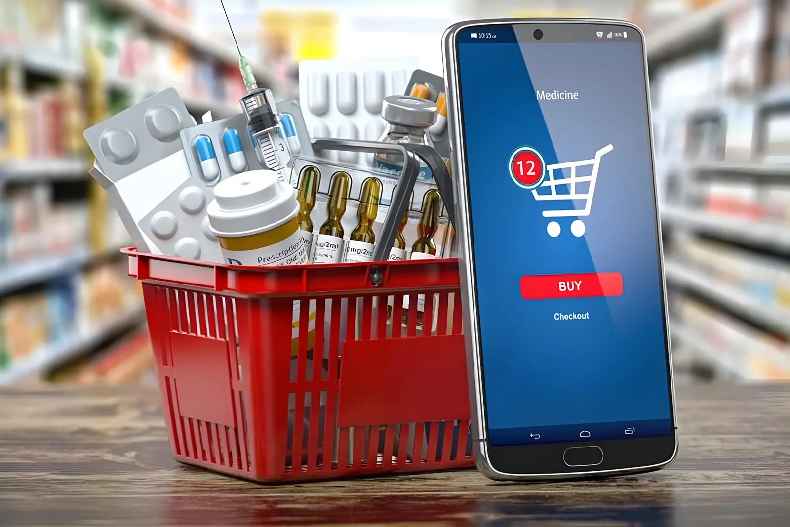 سبد خرید قرمز حاوی قرص، آمپول و گوشی هوشمند برای خرید آنلاین دارو