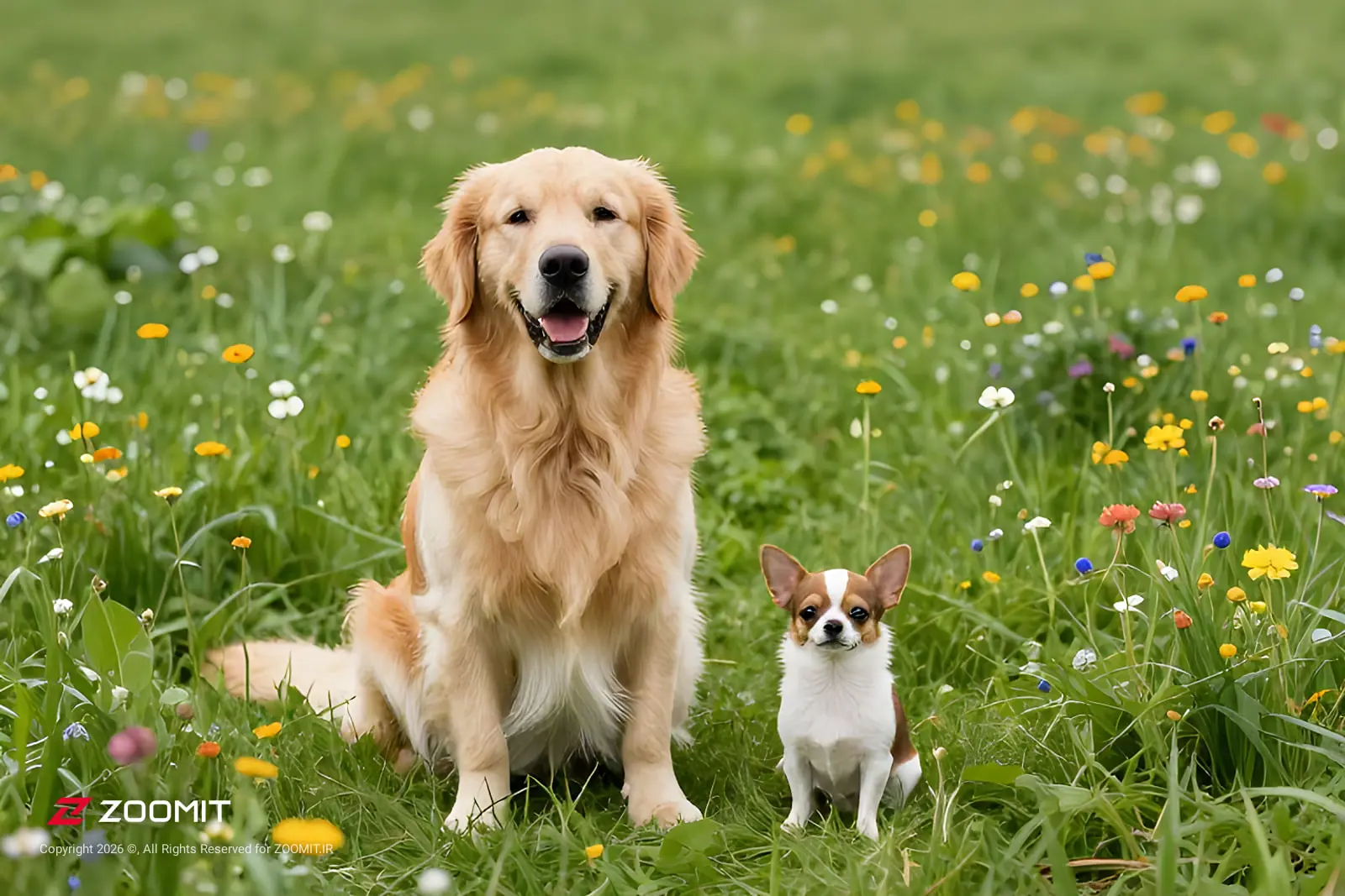 سگ گلدن رتریور (Golden Retriever) و یک سگ کوچک در میان گل‌های وحشی