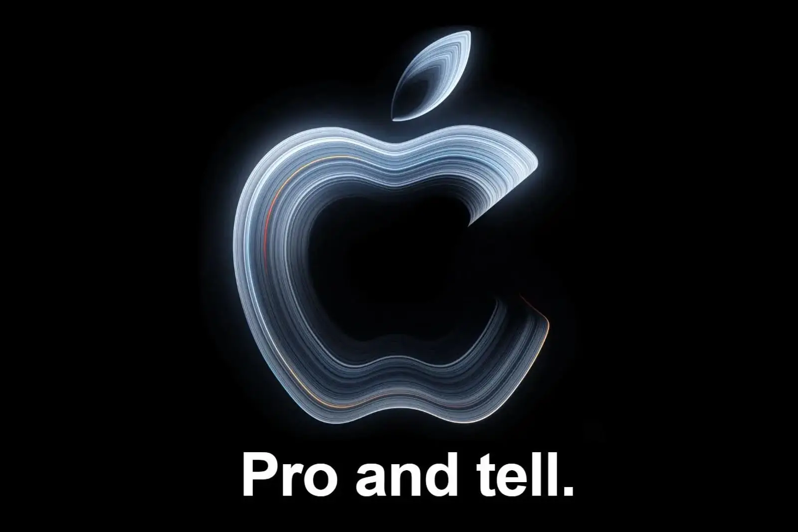 لوگوی اپل (Apple) با خطوط نوری در پس‌زمینه سیاه و متن Pro and tell