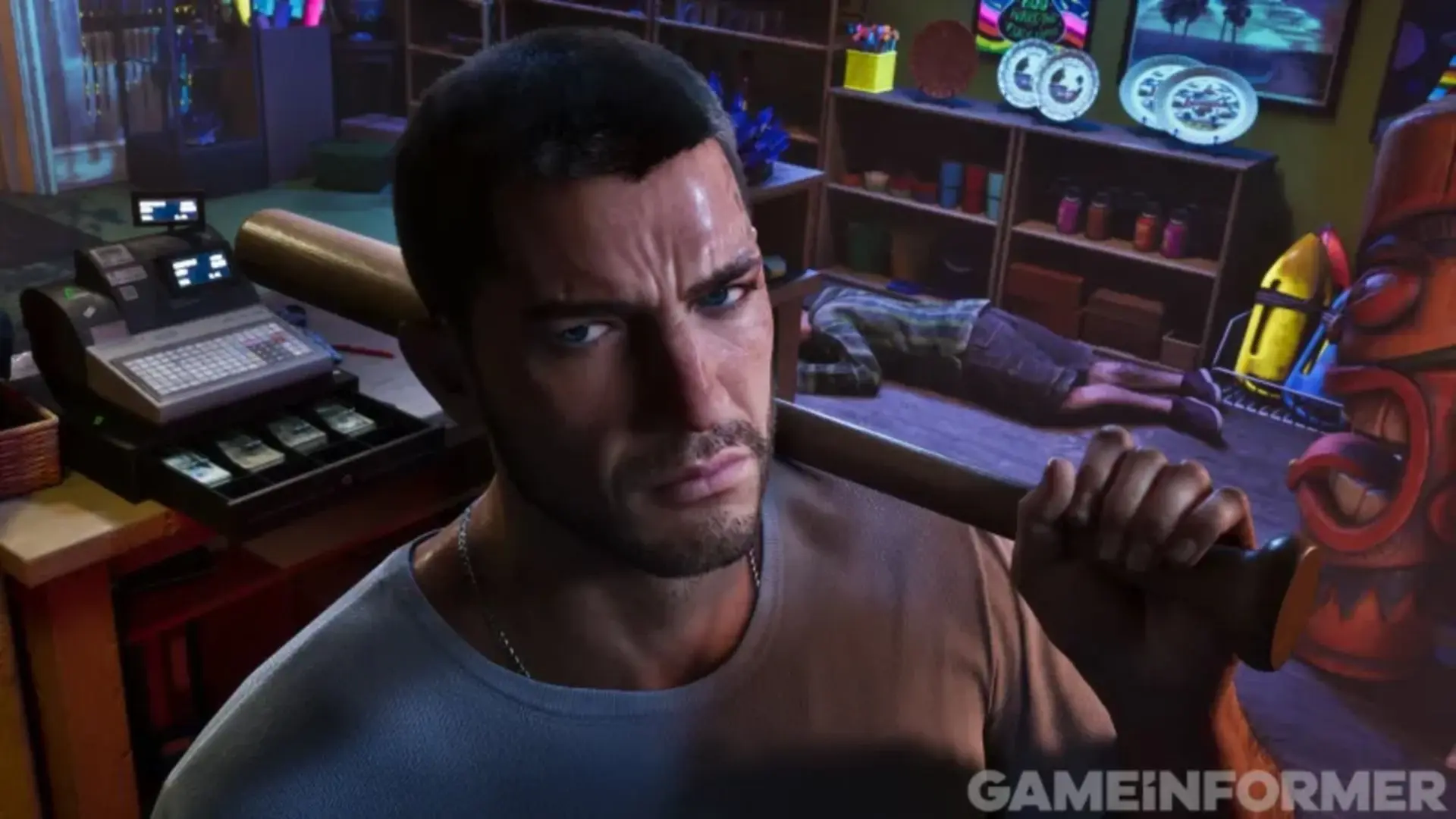 مردی با چوب بیسبال در محیطی شبیه به فروشگاه در بازی GTA 6
