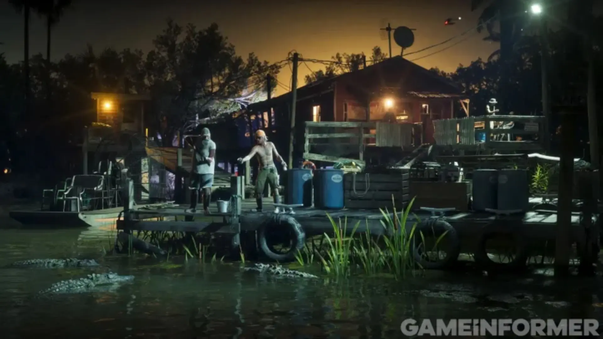 محیط شبانه و مردابی در بازی GTA 6 با دو شخصیت در کنار اسکله