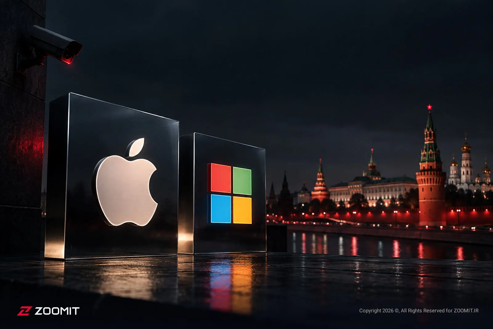لوگوهای درخشان اپل (Apple) و مایکروسافت (Microsoft) در مقابل کرملین مسکو