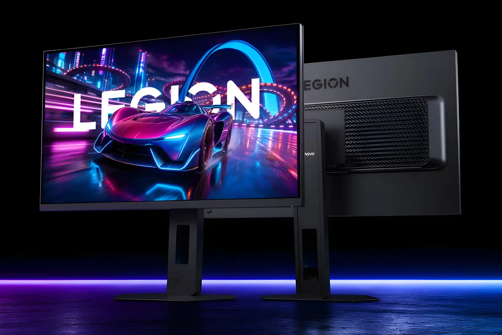 مانیتور گیمینگ لنوو Legion 27Q-20) با نمایش تصویر خودروی مسابقه‌ای
