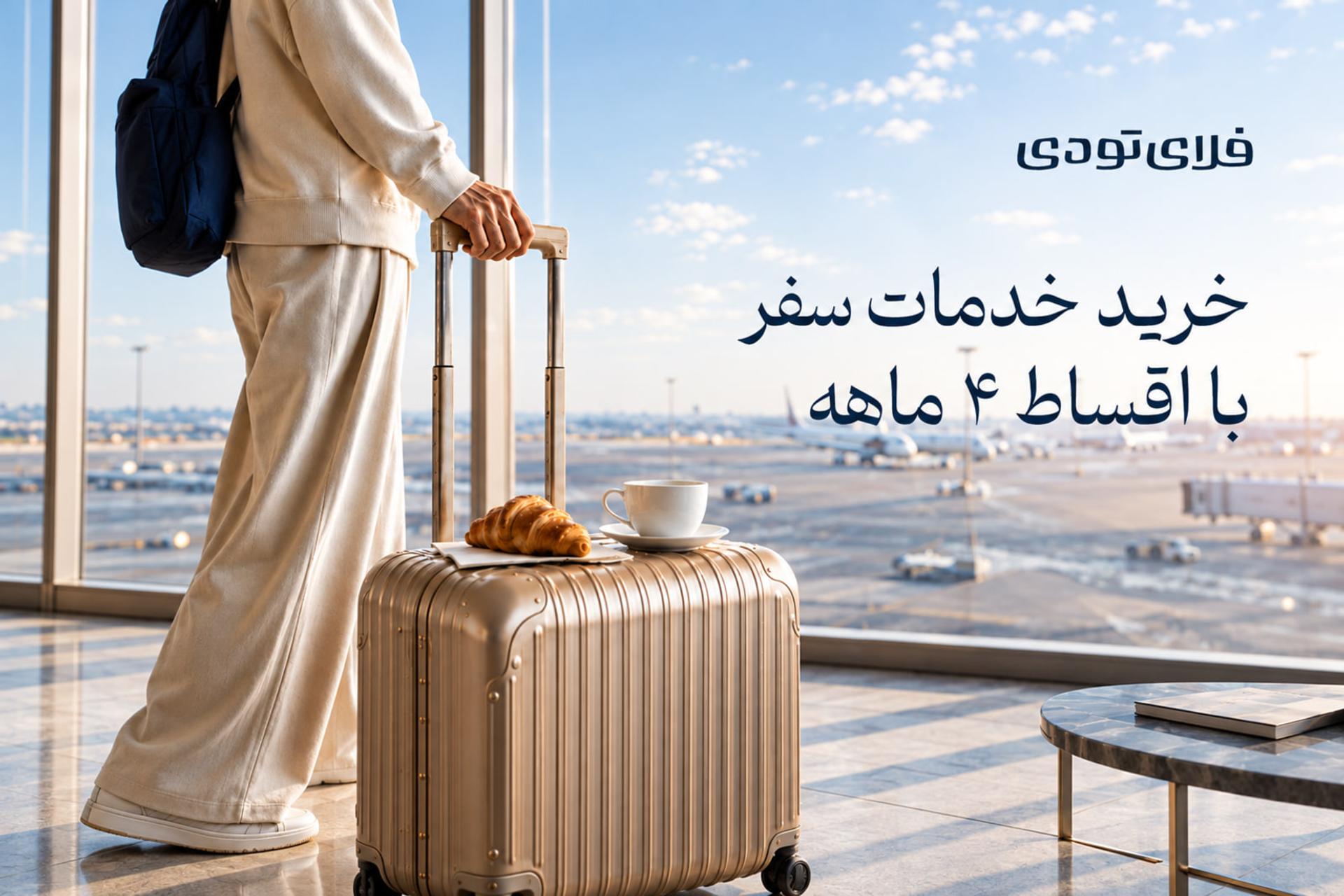 چمدان و فنجان قهوه در سالن انتظار فرودگاه با نمای باند پرواز