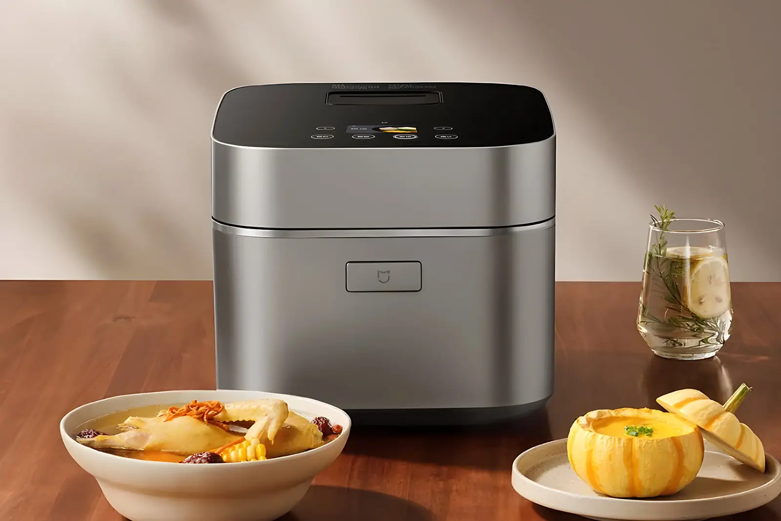 پلوپز هوشمند شیائومی (Xiaomi Mijia Smart Rice Cooker) روی میز چوبی در کنار ظرف غذا