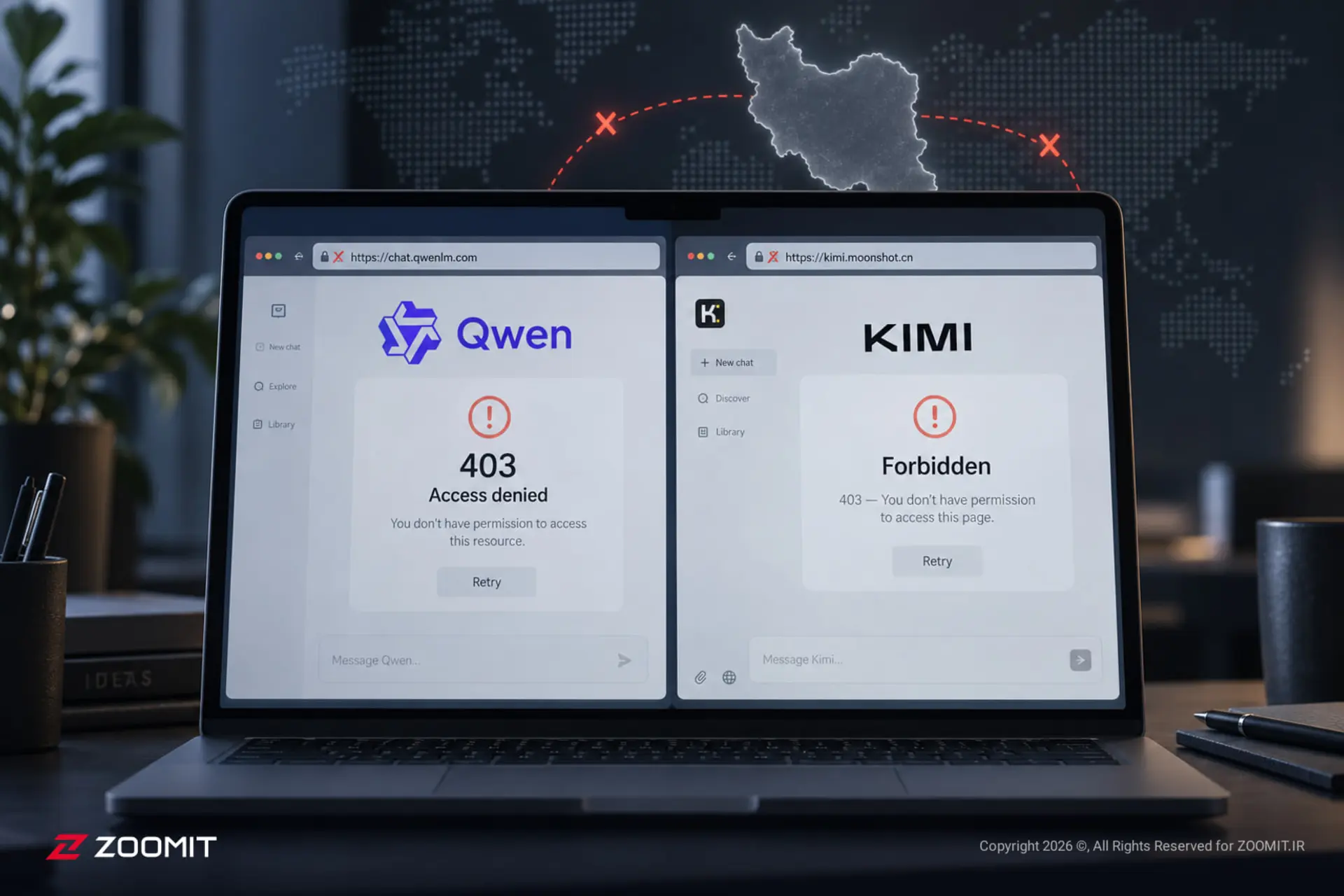 خطای ۴۰۳ در صفحات وب‌سایت‌های هوش مصنوعی Qwen (Qwen) و Kimi (Kimi)