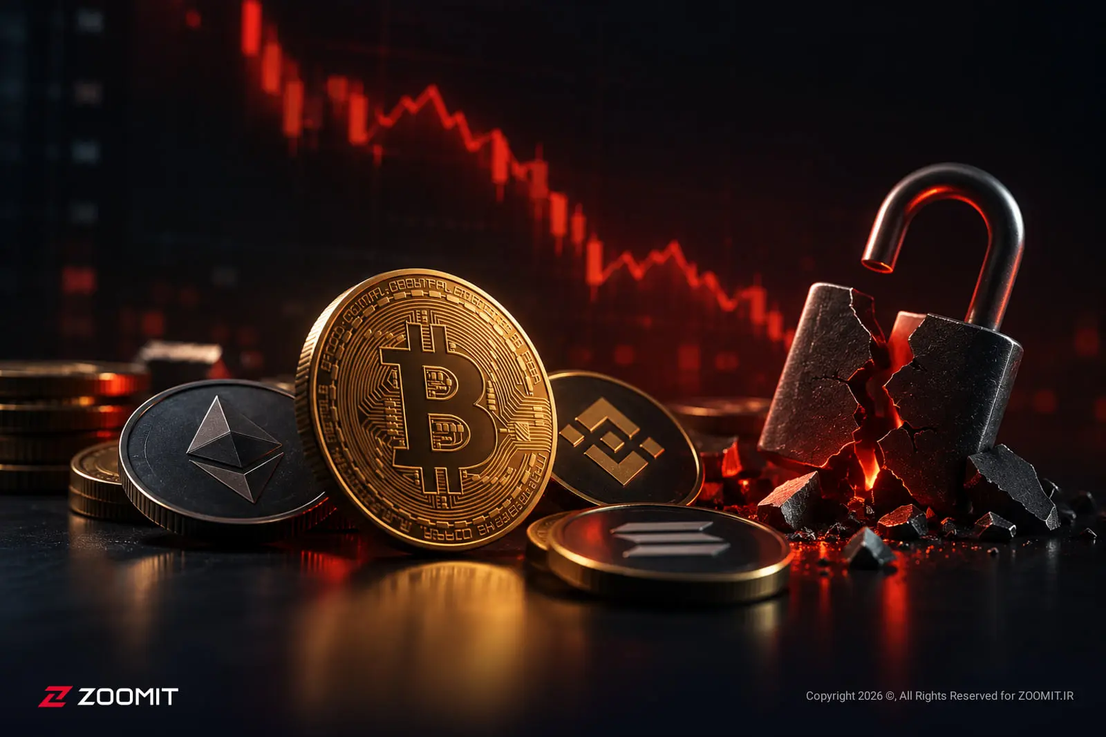 سکه های بیت‌کوین (Bitcoin) و سایر رمزارزها در کنار یک قفل شکسته