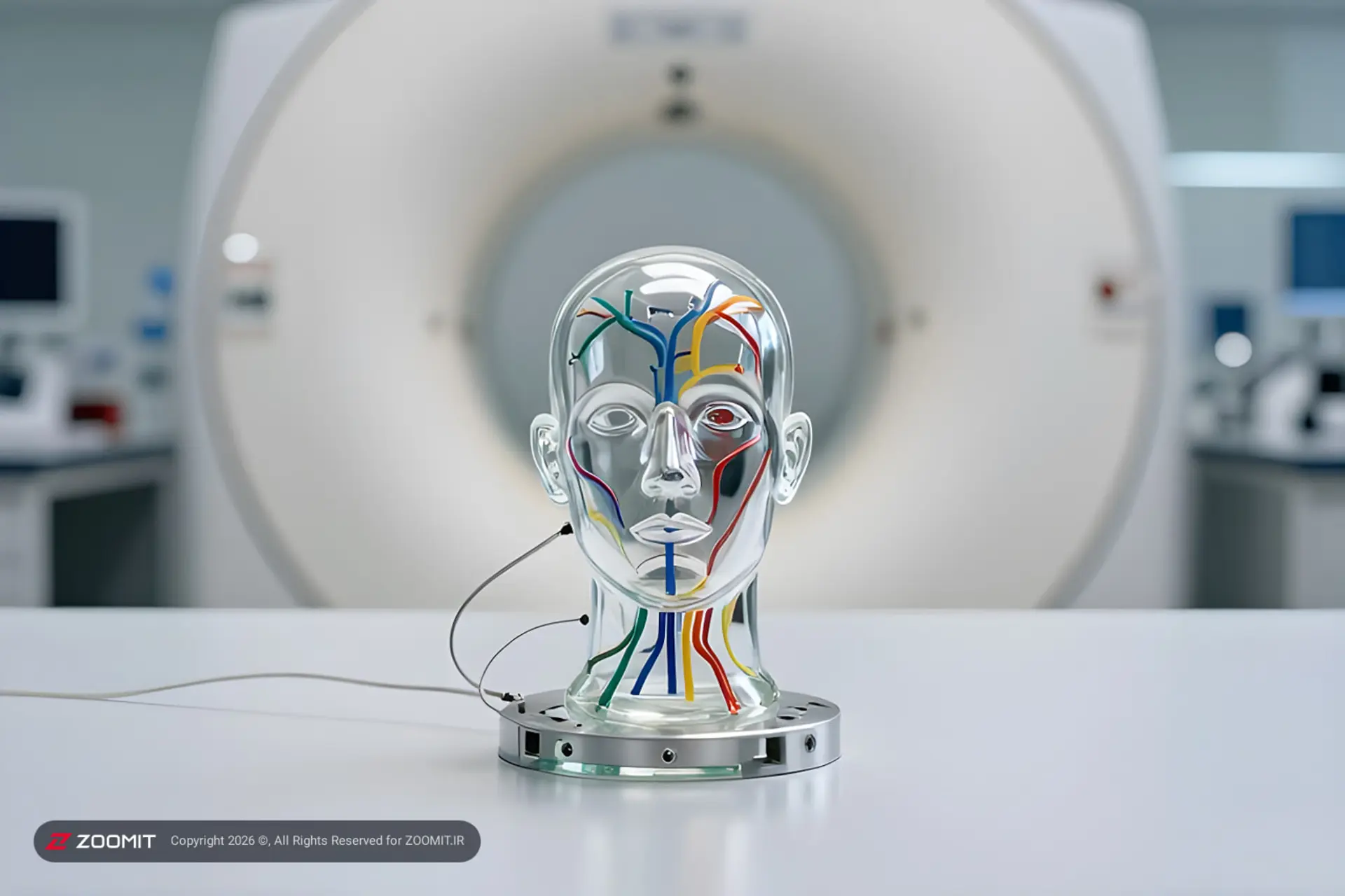 مدل شیشه‌ای سر انسان با مسیرهای رنگی اعصاب در مقابل دستگاه MRI