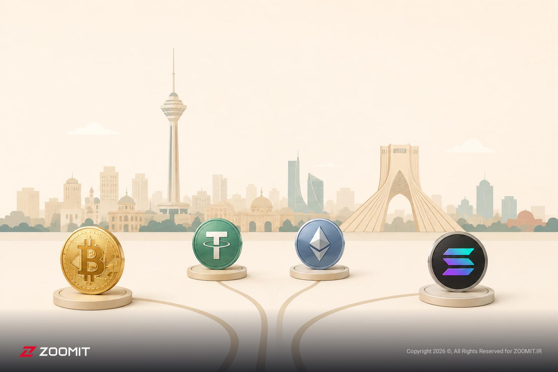 نمای سه‌بعدی از سکه‌های بیت‌کوین (Bitcoin)، تتر (Tether)، اتریوم (Ethereum) و سولانا (Solana) در مقابل خط افق تهران