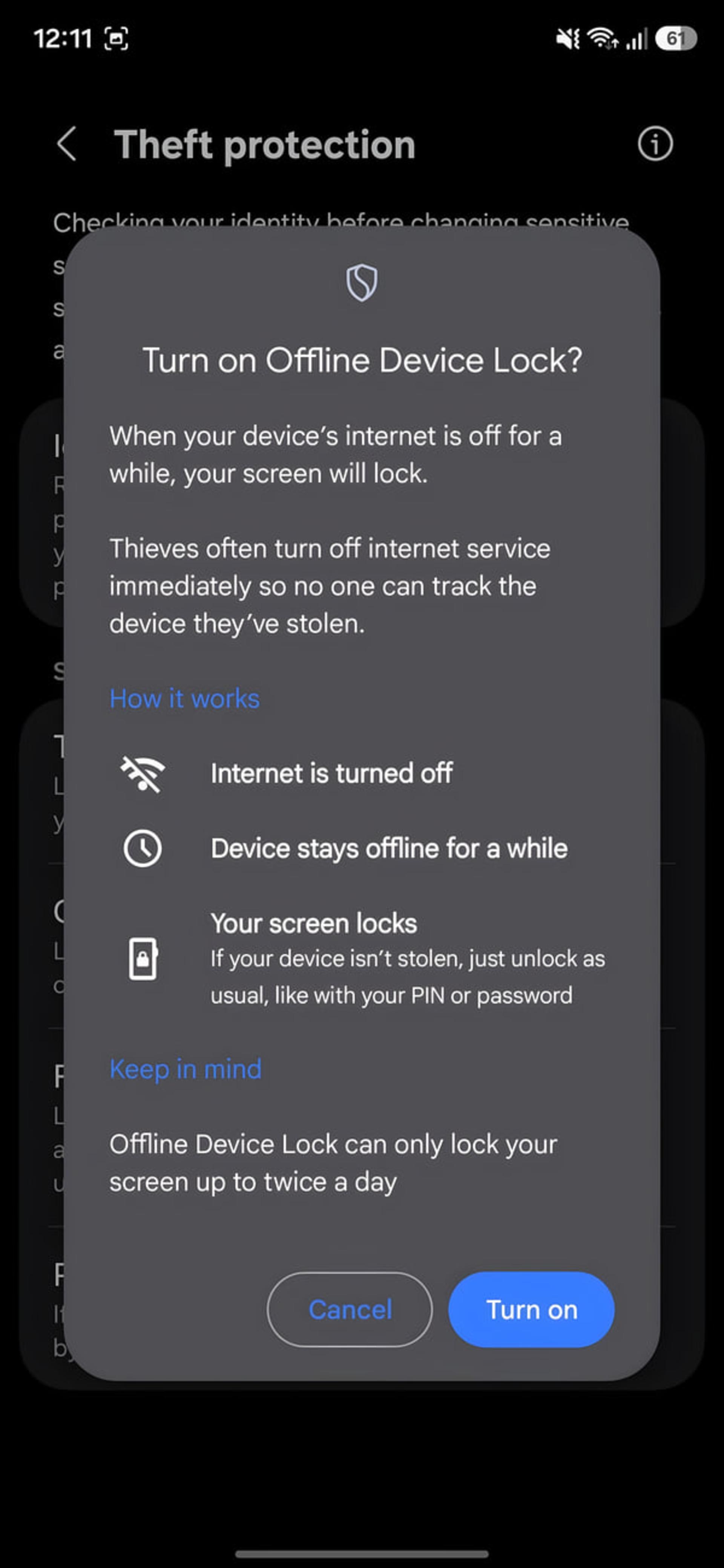 منوی فعال‌سازی قفل آفلاین دستگاه (Offline Device Lock) در تنظیمات اندروید