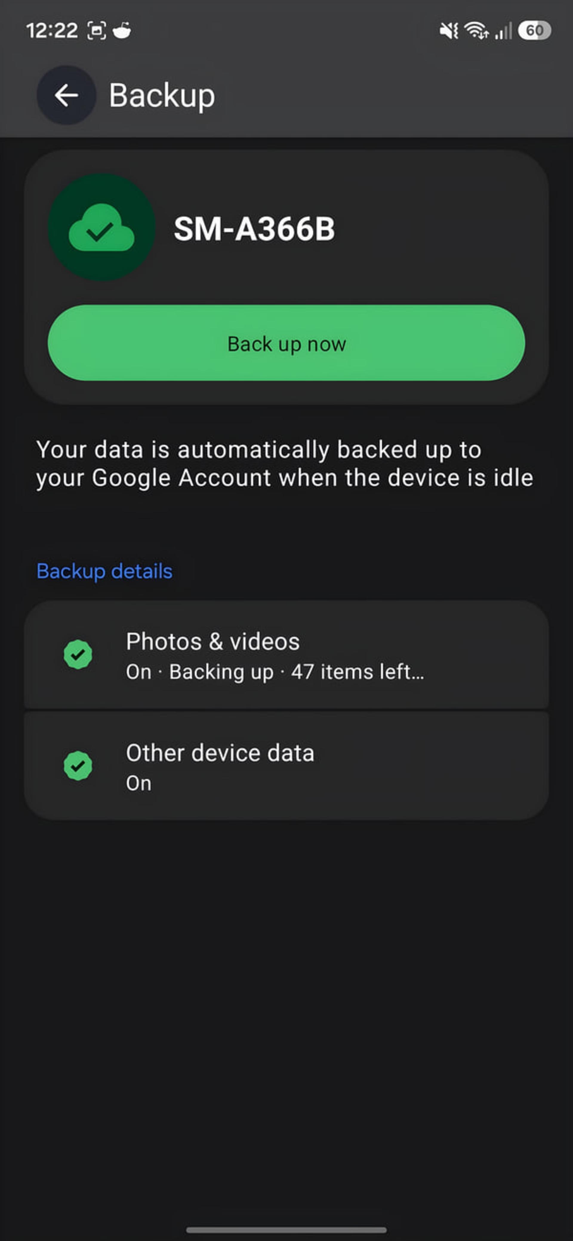 منوی تنظیمات پشتیبان‌گیری (Backup) در گوشی سامسونگ SM-A366B