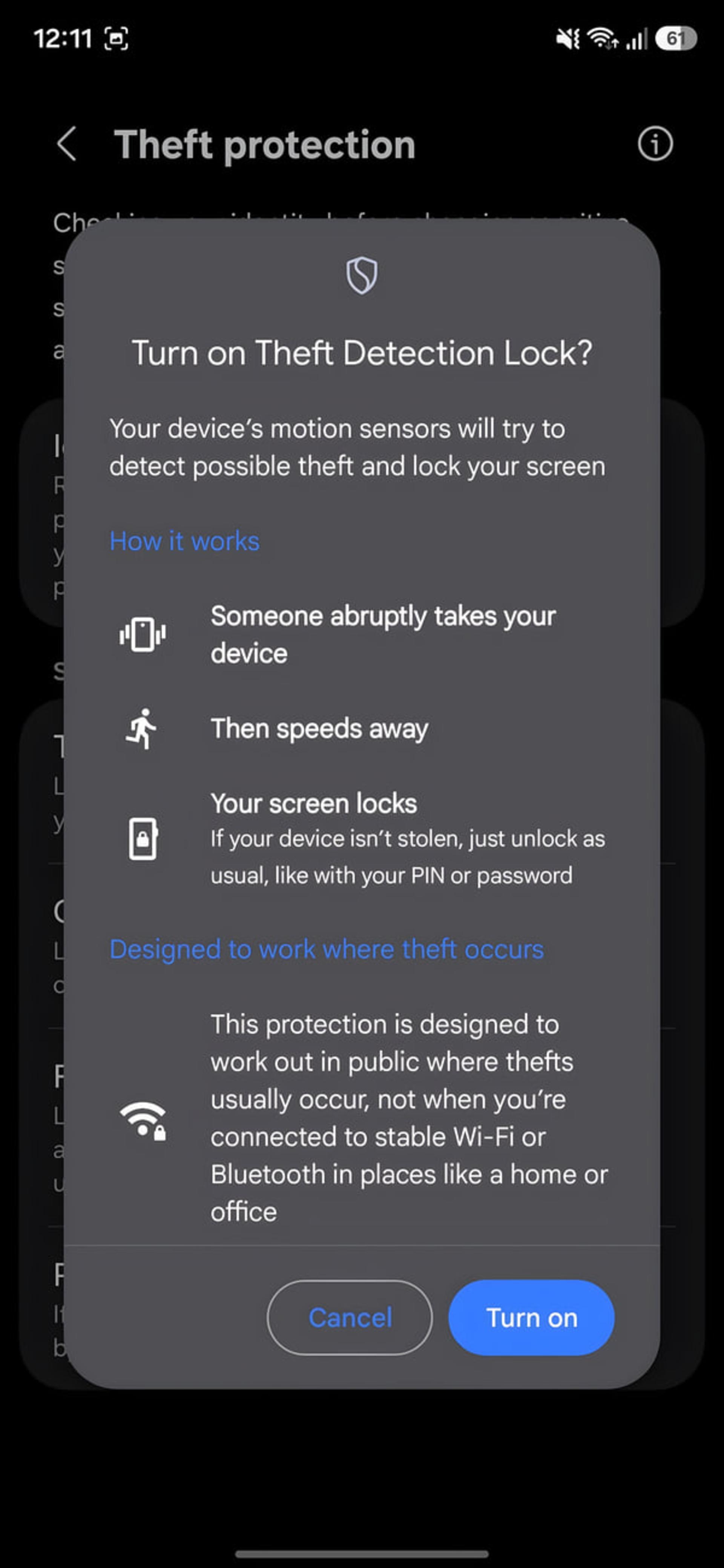 منوی فعال‌سازی قابلیت Theft Detection Lock در تنظیمات امنیتی گوشی اندروید