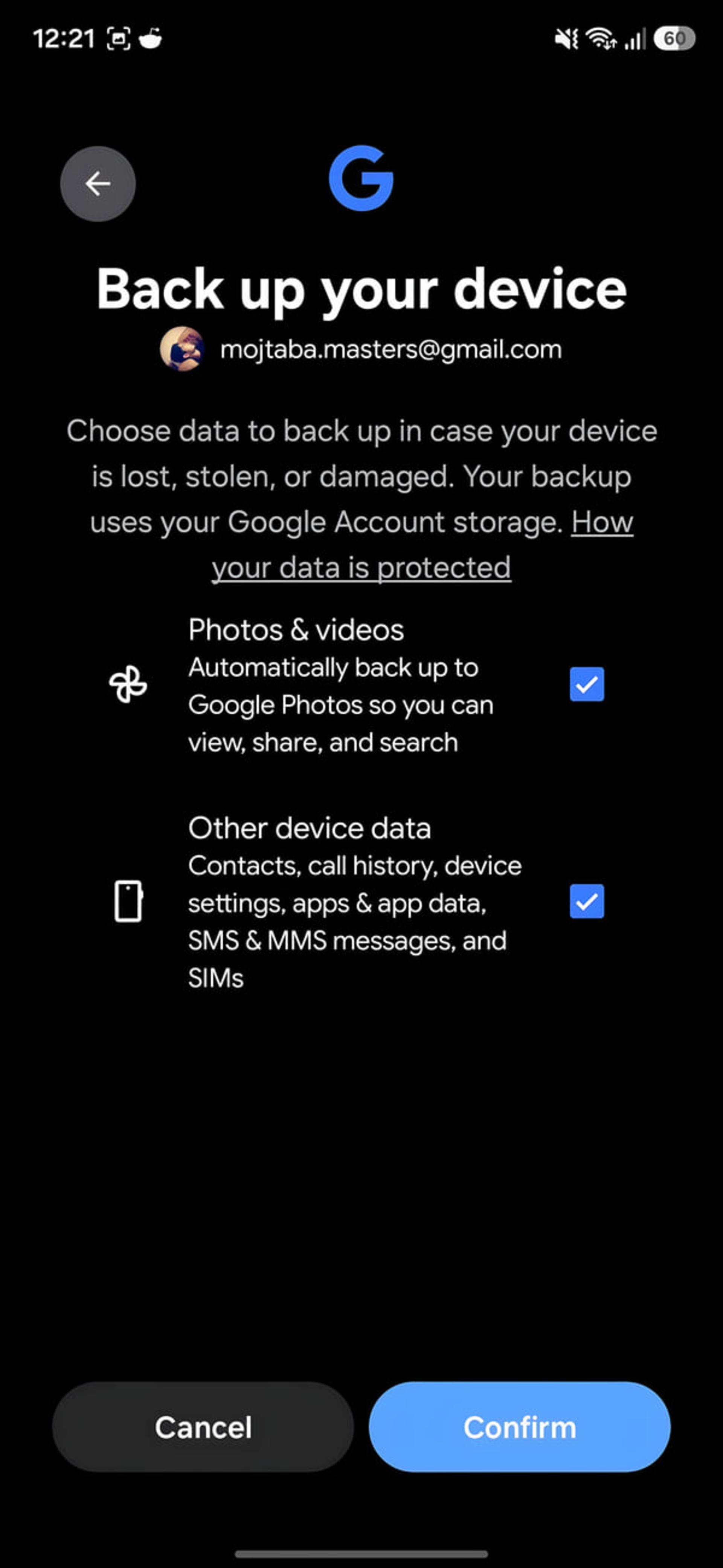 منوی تنظیمات پشتیبان‌گیری (Back up) در حساب گوگل اندروید