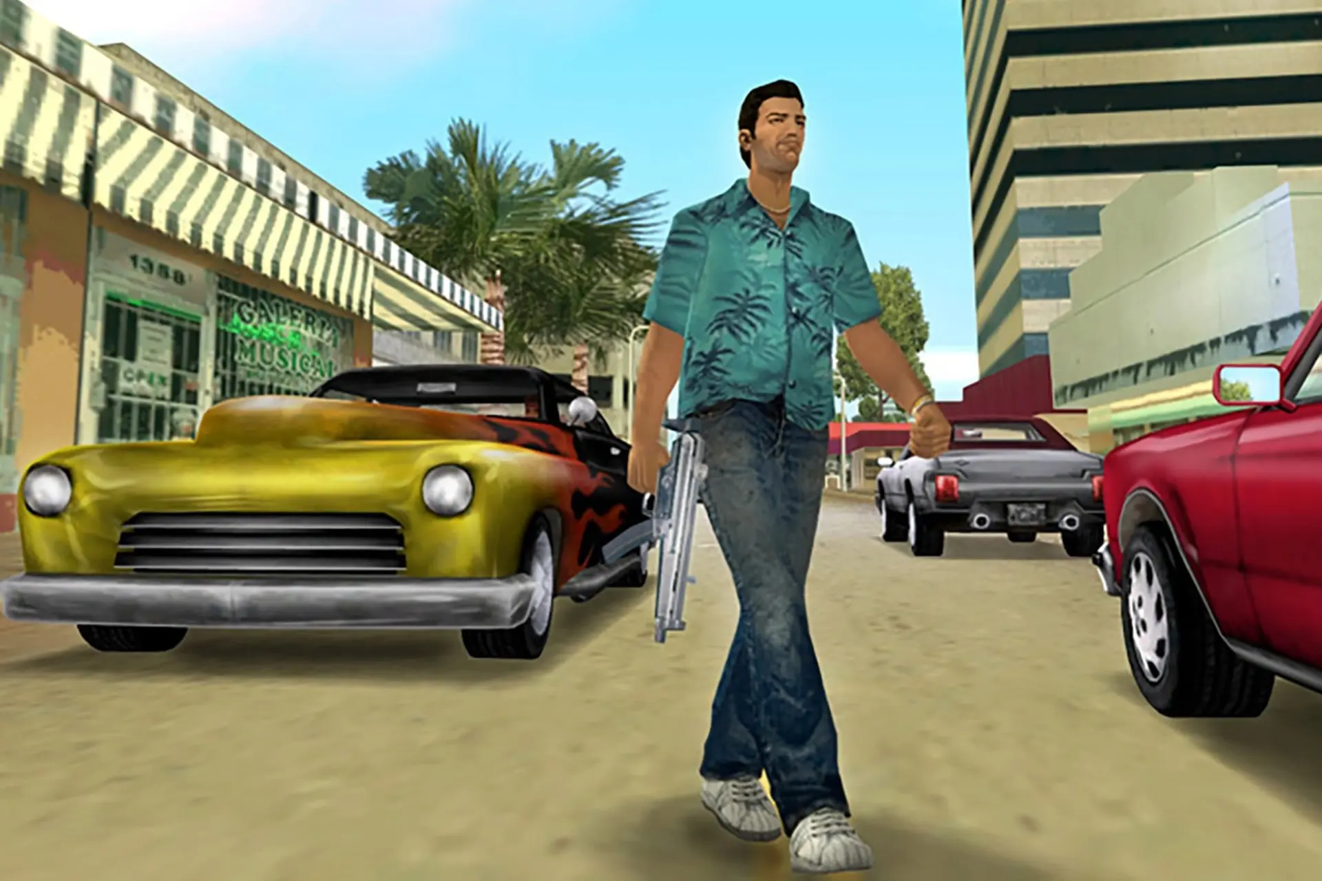 شخصیت اصلی بازی GTA Vice City با اسلحه در خیابان