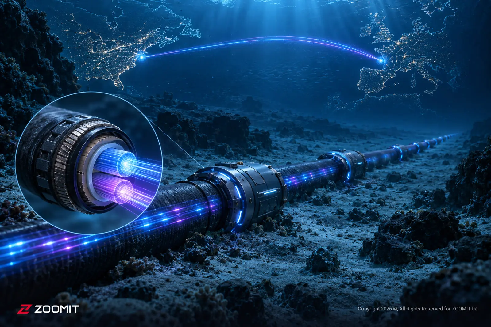 کابل فیبر نوری (Fiber Optic) در بستر اقیانوس با انتقال داده‌های پرسرعت بین قاره‌ها