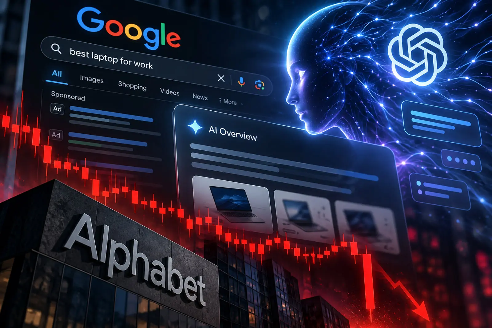 نمودار نزولی سهام آلفابت (Alphabet) در کنار لوگوی گوگل و نماد هوش مصنوعی