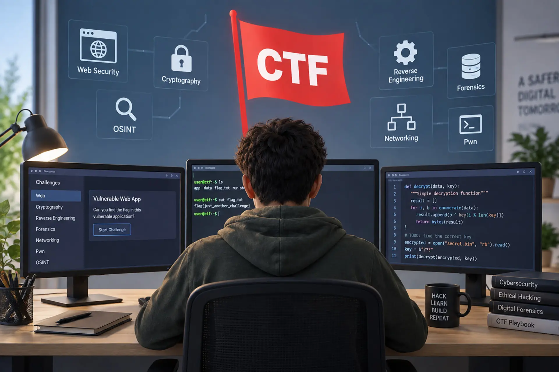 نمای چالش‌های امنیت سایبری مانند رمزنگاری و مهندسی معکوس در محیط CTF