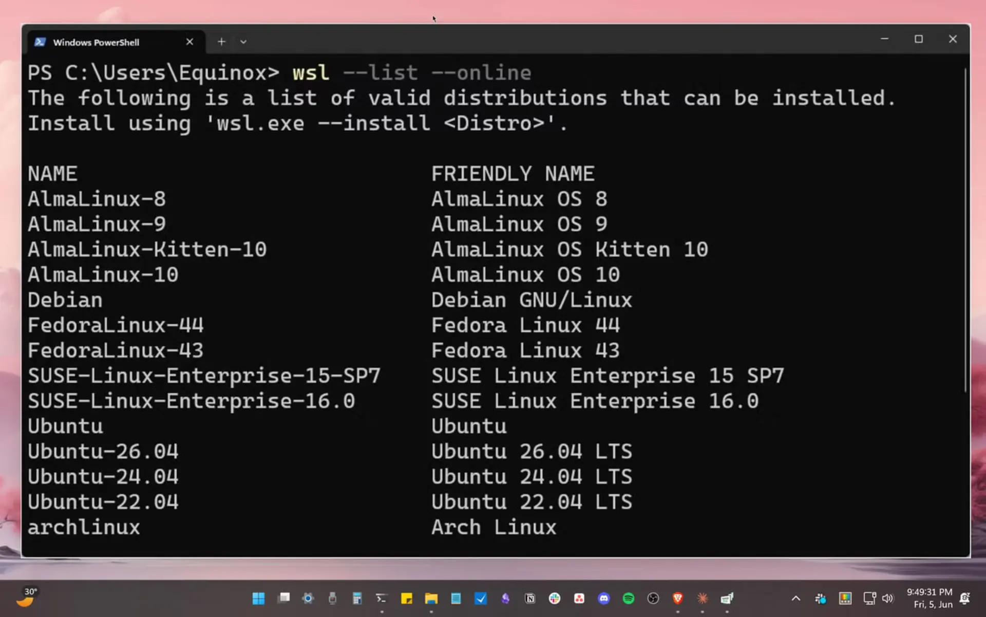 فهرست توزیع‌های مختلف لینوکس در محیط ترمینال ویندوز پاورشل (Windows PowerShell)