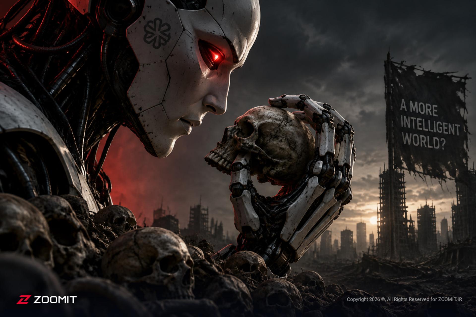 ربات انسان‌نما (Humanoid Robot) در میان توده‌ای از جمجمه‌های انسانی