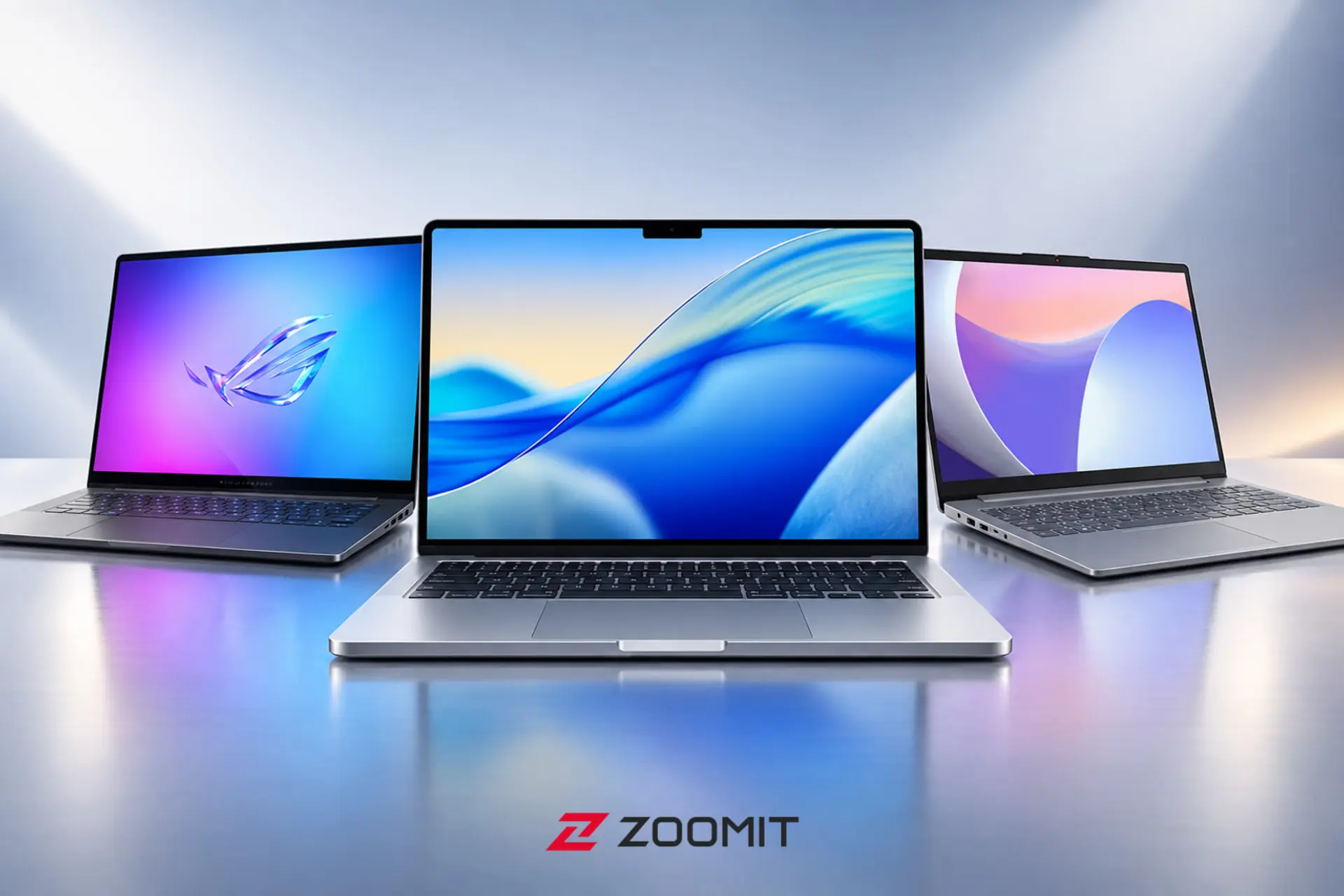 مجموعه‌ای از لپ‌تاپ‌های مختلف از جمله مک‌بوک پرو و ایسوس ROG
