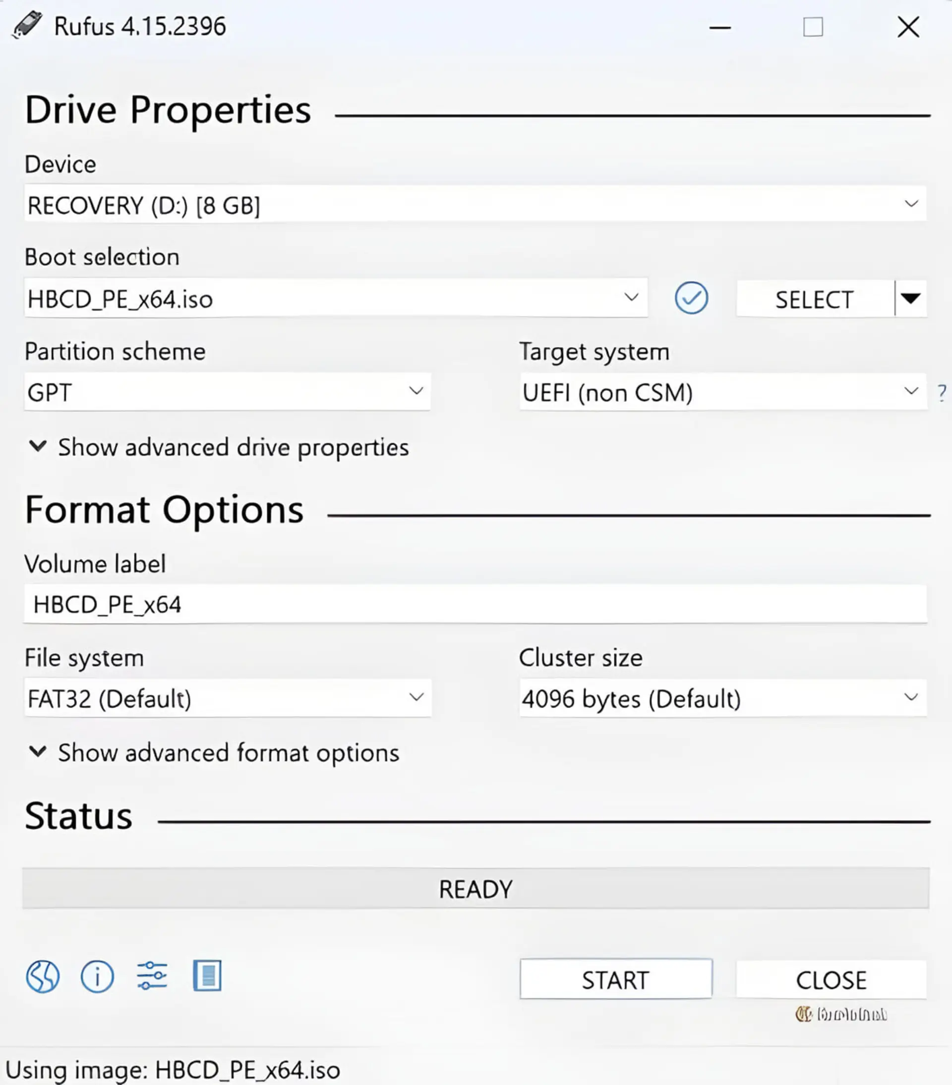 رابط کاربری نرم‌افزار Rufus برای ساخت فلش بوتیبل با فایل HBCD_PE_x64.iso