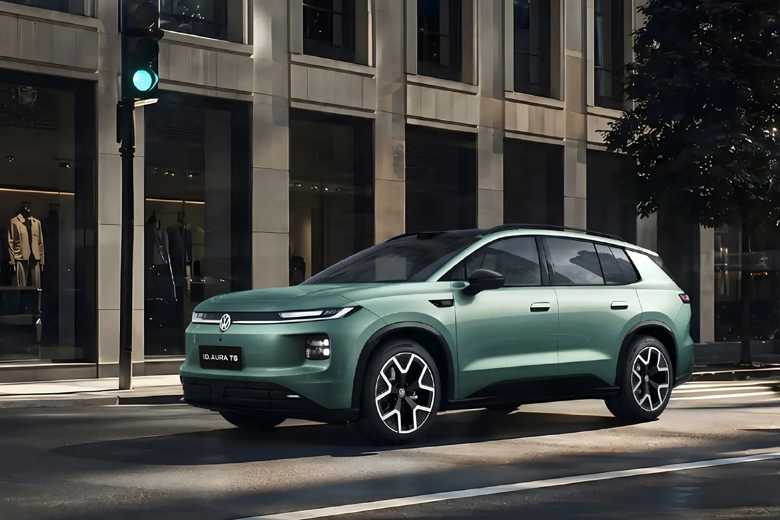 خودرو فولکس‌واگن T6 (Volkswagen ID. Aura T6) با رنگ سبز در خیابان شهری