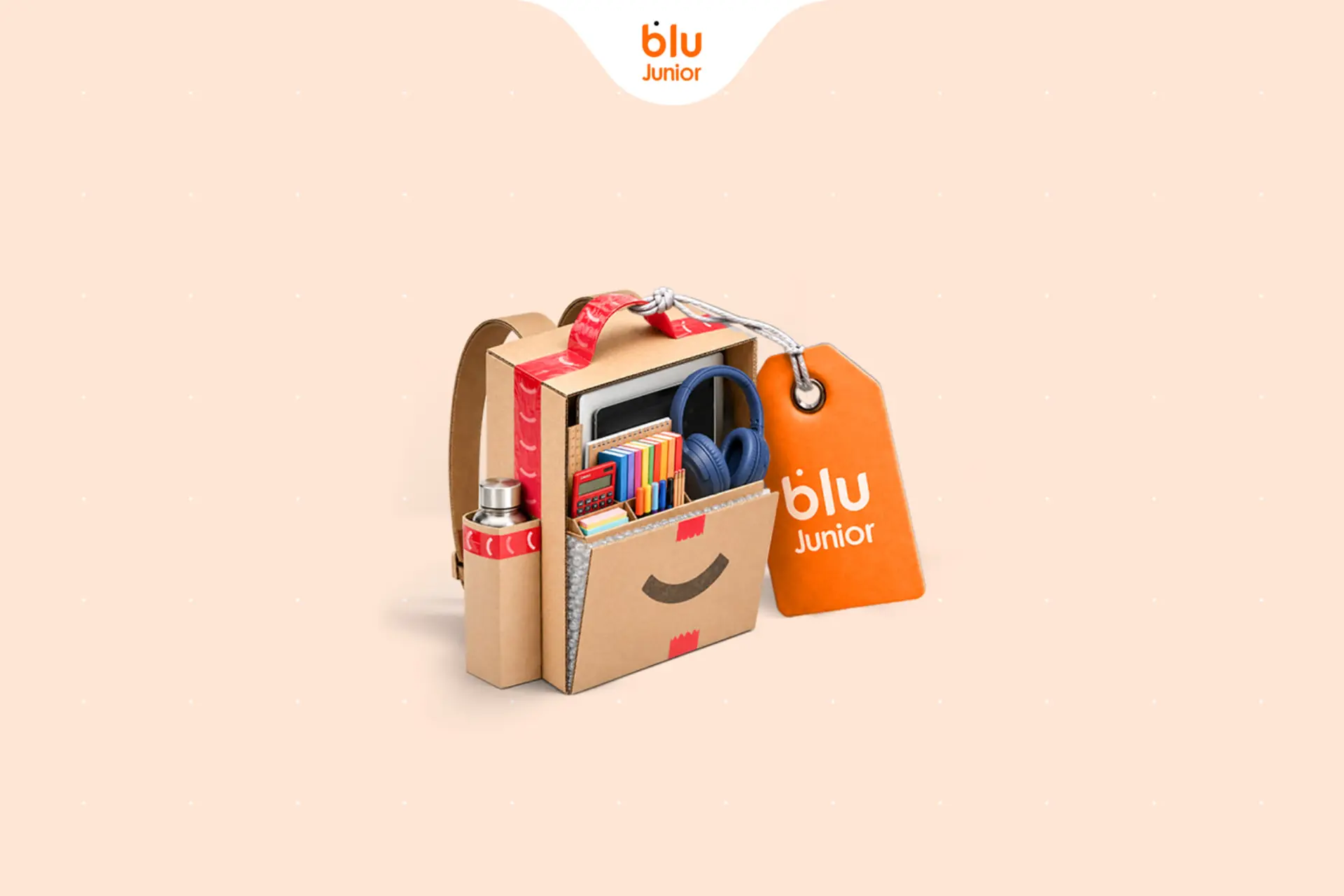 کیت آموزشی بلو جونیور (Blu Junior) شامل تبلت، هدفون و لوازم تحریر در یک کیف مقوایی